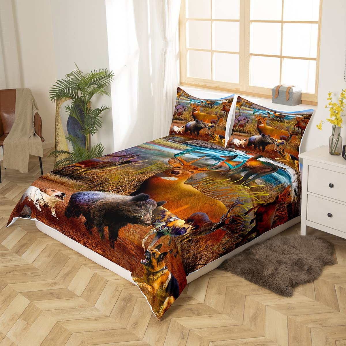Housse De Couette Cerf 240x260cm - Literie Enfants Ados Thème Chasse Forêt Western - Ensemble Coton Doux Wildlife