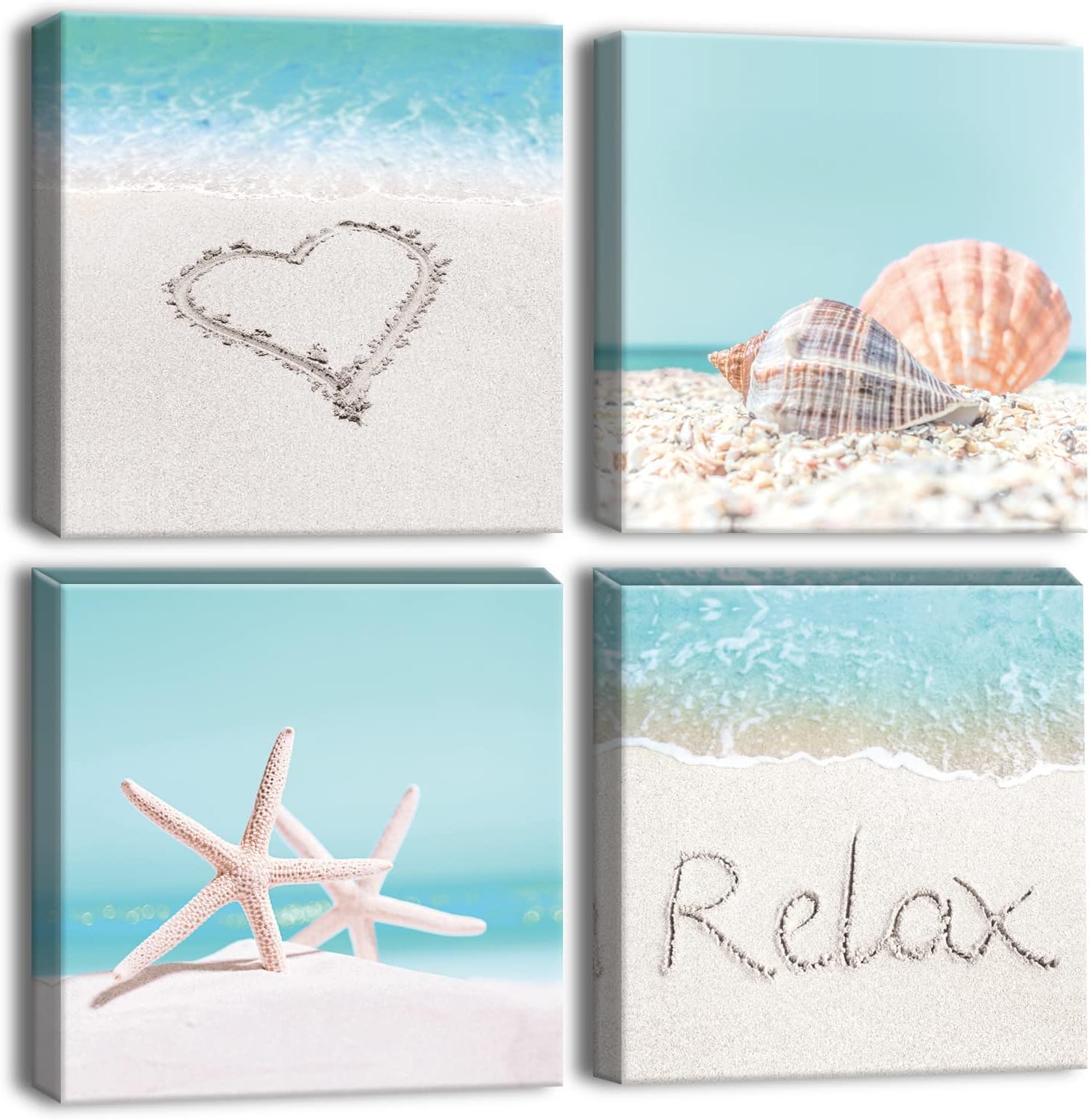 Artscope 4 Pieces Wall Art Canvas Prints – Seashell Starfish and Beach Picture Painting – Modern Wall Artwork Framed for Gifts Bathroom Home Kitchen Office Decor – 30 x 30 CM
