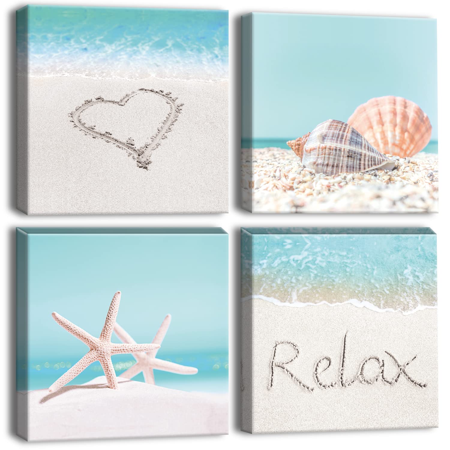 Artscope 4 Pieces Wall Art Canvas Prints - Seashell Starfish and Beach Picture Painting - Modern Wall Artwork Framed for Gifts Bathroom Home Kitchen Office Decor - 30 x 30 CM