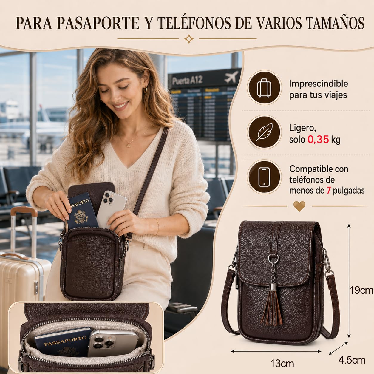 Bolso Movil Mujer de Piel Auténtica, Bolsitos para Moviles, Bolso Bandolera Pequeño Mujer Antirrobo con Cremallera Antirrobo y Bloqueo RFID para Viaje, Compras, Colegio, Trabajo y Uso Diario