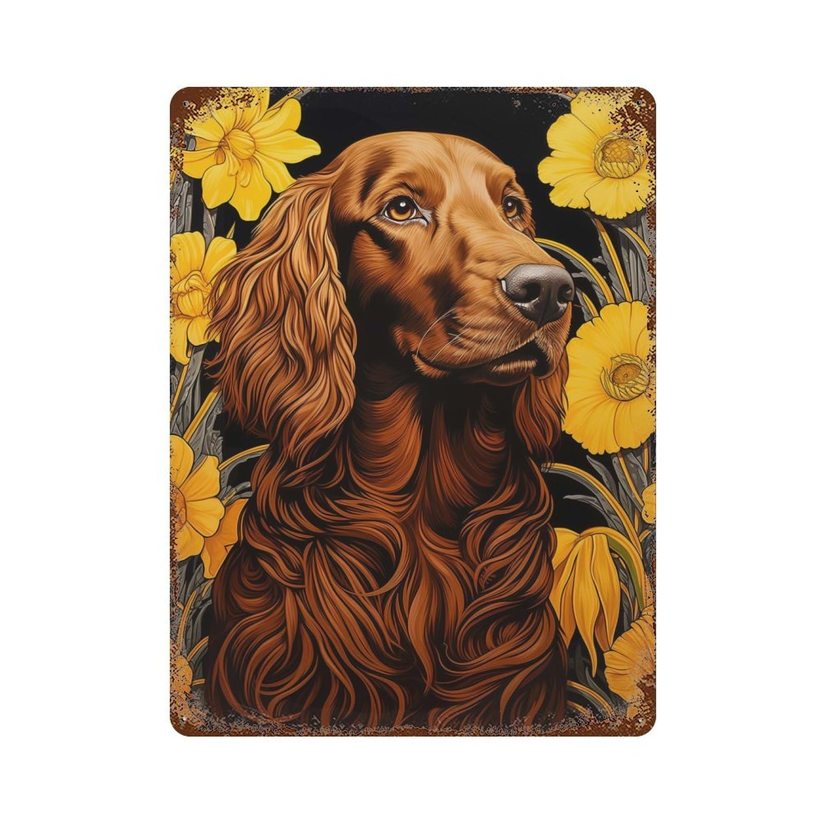 Aged Metal Wall Plaque with Irish Setter with Yellow Flowers Design 15.7"x11.8", for Garage, Bar And Workshop Decor, Rustic Home Decor