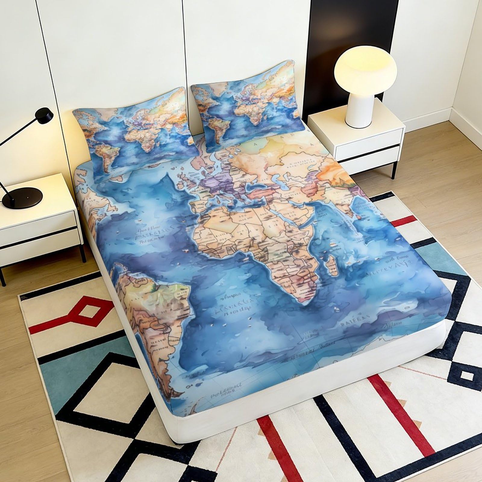 Lenzuolo con angoli con stampa 3D, motivo mappa del mondo, in microfibra