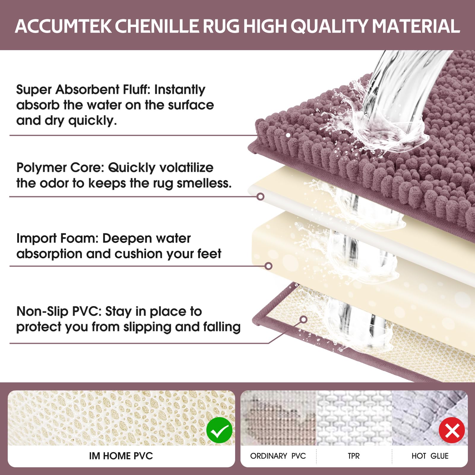ACCUMTEK Set di 3 tappetini da bagno extra large, color malva, ultra morbidi, spessi, assorbenti, antiscivolo, in ciniglia, per bagno, camera da letto, cucina