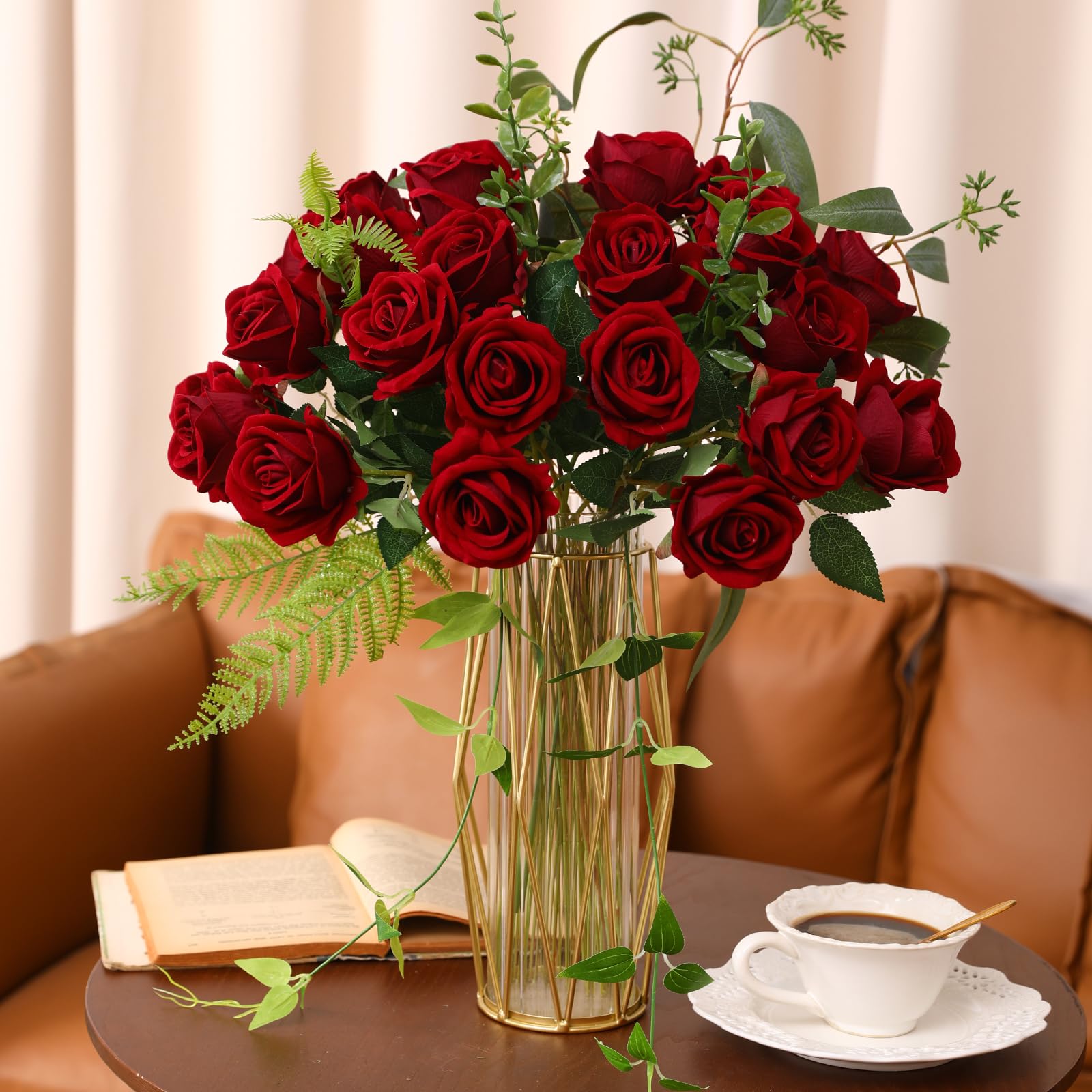 JUSTOYOU 20 PCS Burgundy Red Rose Artificial Flower,Silk Blooming Rose with Stem,Artificial Rose Bouquet Realistic Flower for Home Table Office Party Wedding Garden Arrangements(Burgundy rose) - Image 3