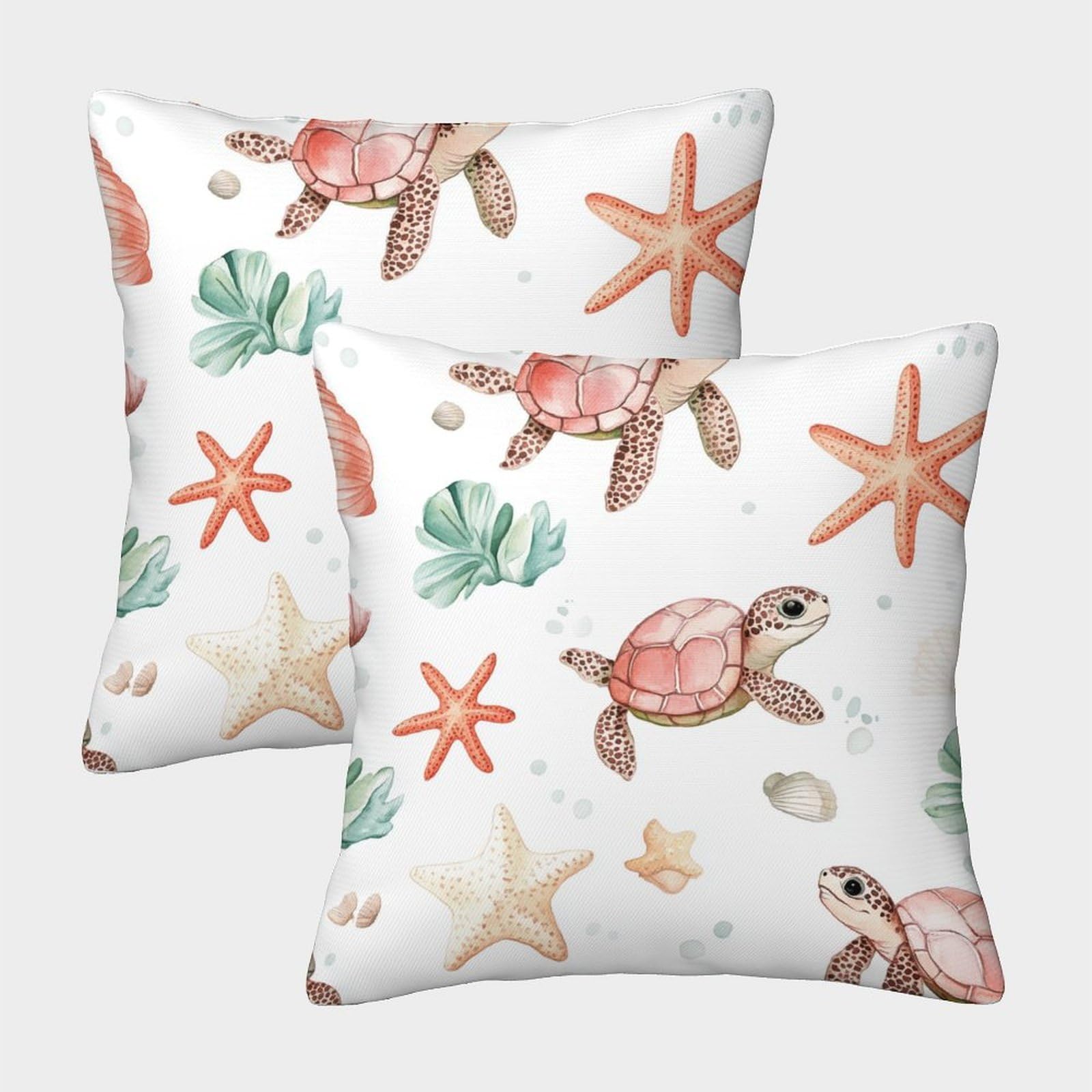 kaiyun 2 Pack Watercolor Style.Little Turtle, Starfish, Shells Square Pillow Cover Cushion Cover 40x40cm Suitable for Sofa Bed Chair,3D Pattern