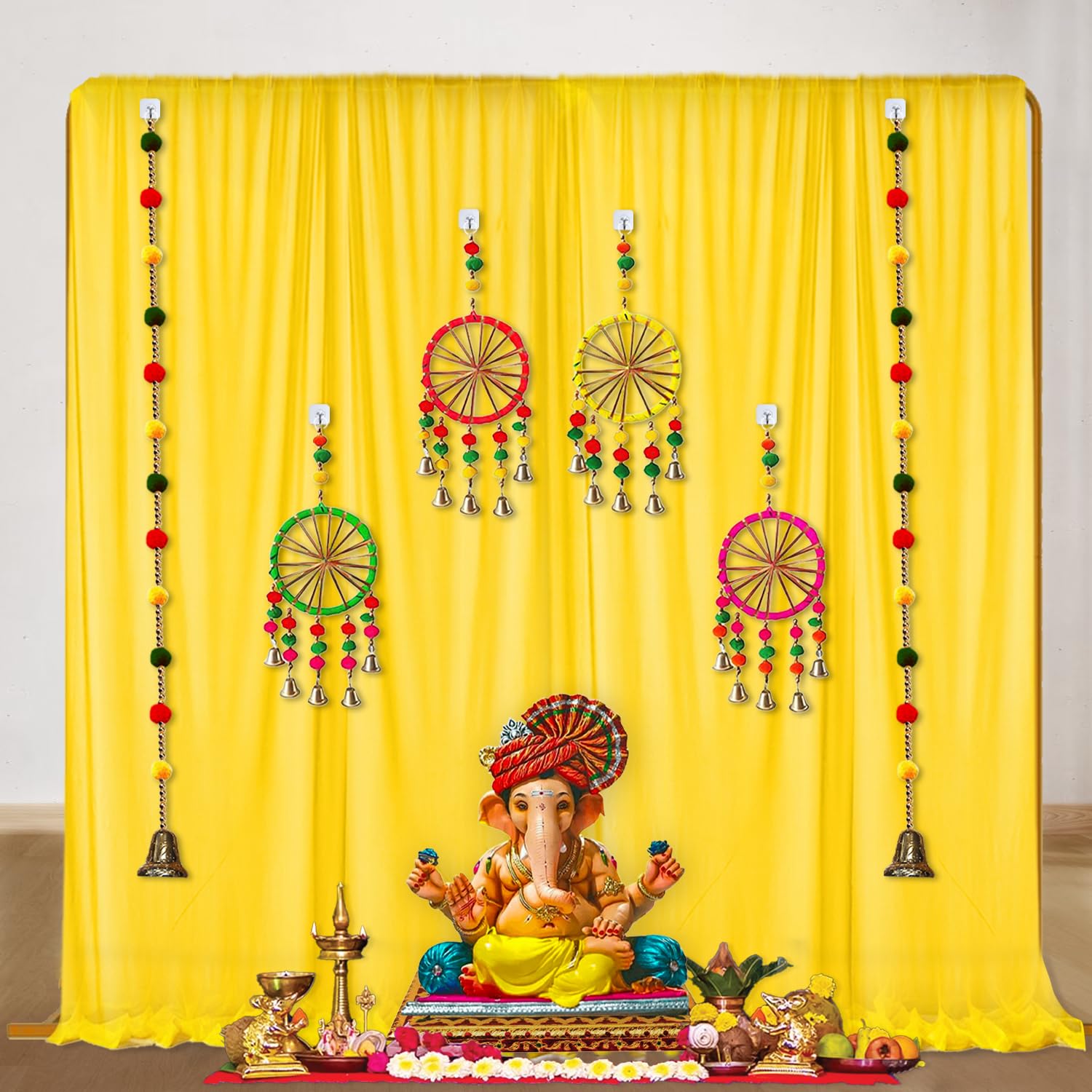 Party Propz Yellow Backdrop Cloth for Decoration with Pom Pom Hangings - 18 Pcs Diwali Decoration Items for Home Decor, Navratri Decoration Items for Home, Haldi Decoration Items For Marriage, Pooja