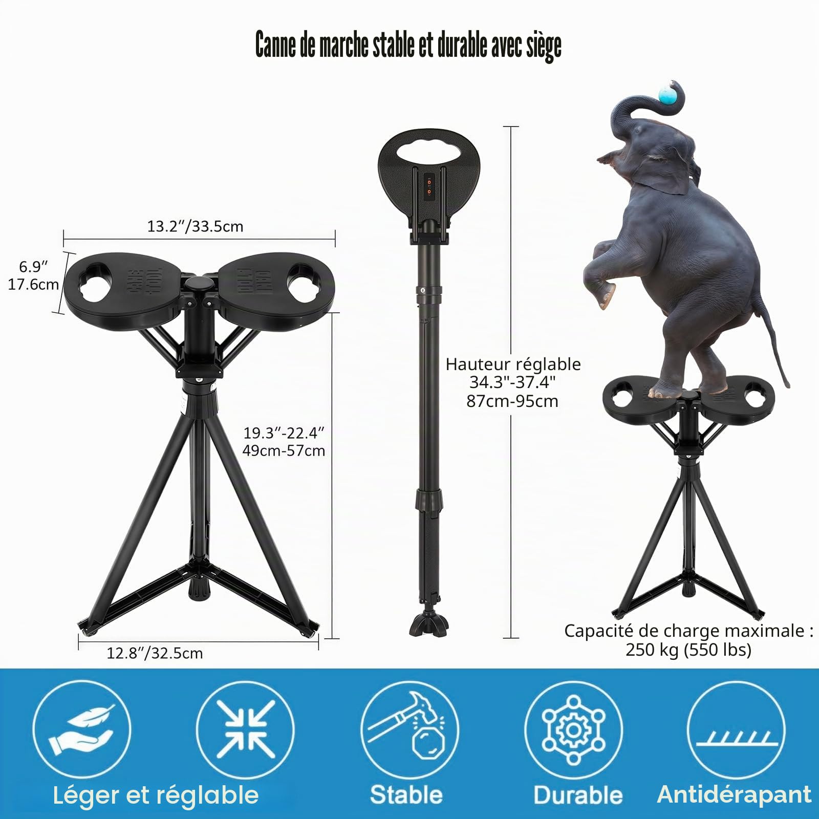 Canne de Marche avec siège pour Personnes âgées et Adultes Canne | de marche portable pliable avec sac de transport, canne de randonnée réglable en hauteur avec capacité d'assise de 250 kg