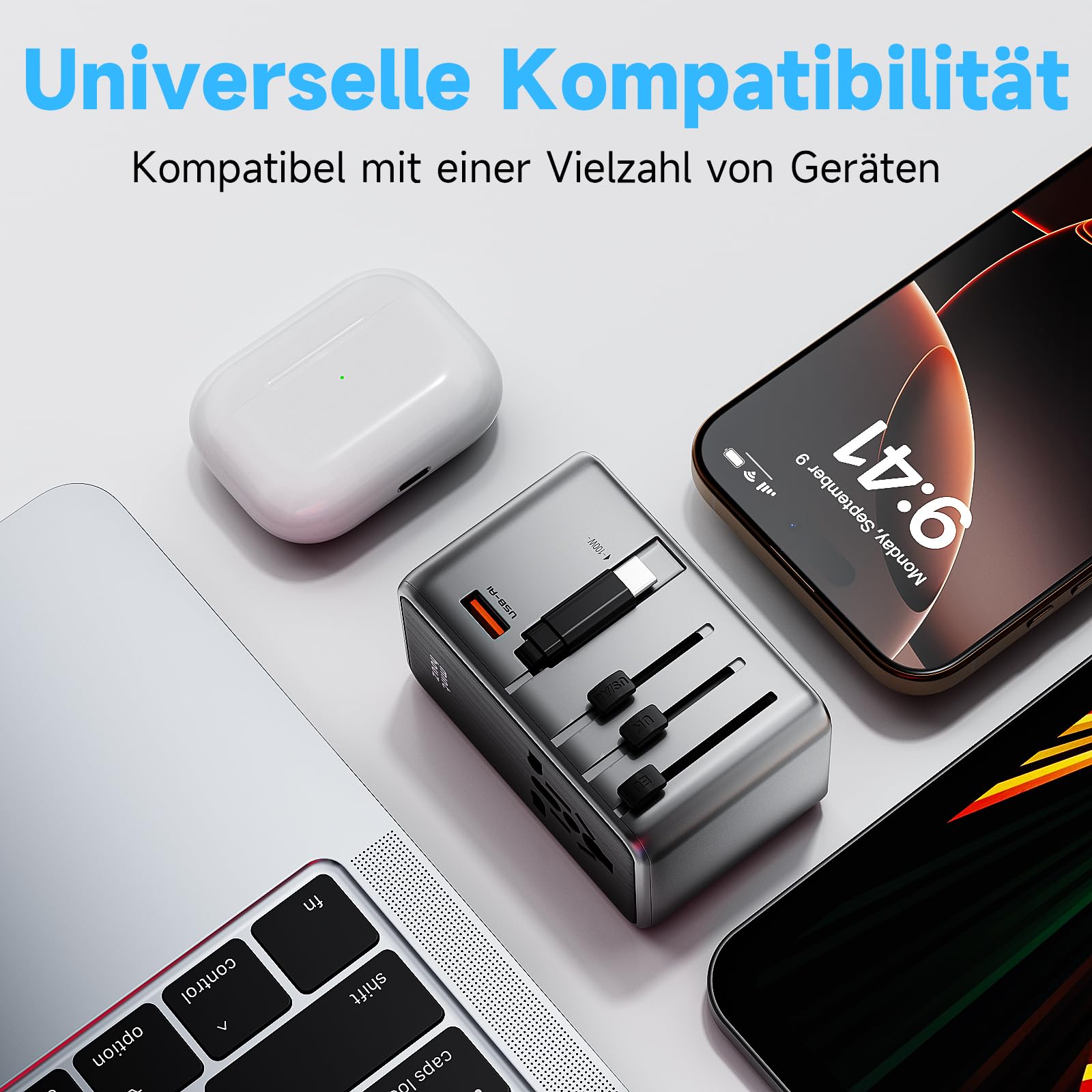 Minthouz Reiseadapter Weltweit,GaN Ⅲ PD 100W Universal Reisestecker mit 2 USB C und 1 USB A,Internationaler Steckdosenadapter mit ausziehbar Kabel,Universaladapter für UK USA Japan China (P100W-C)