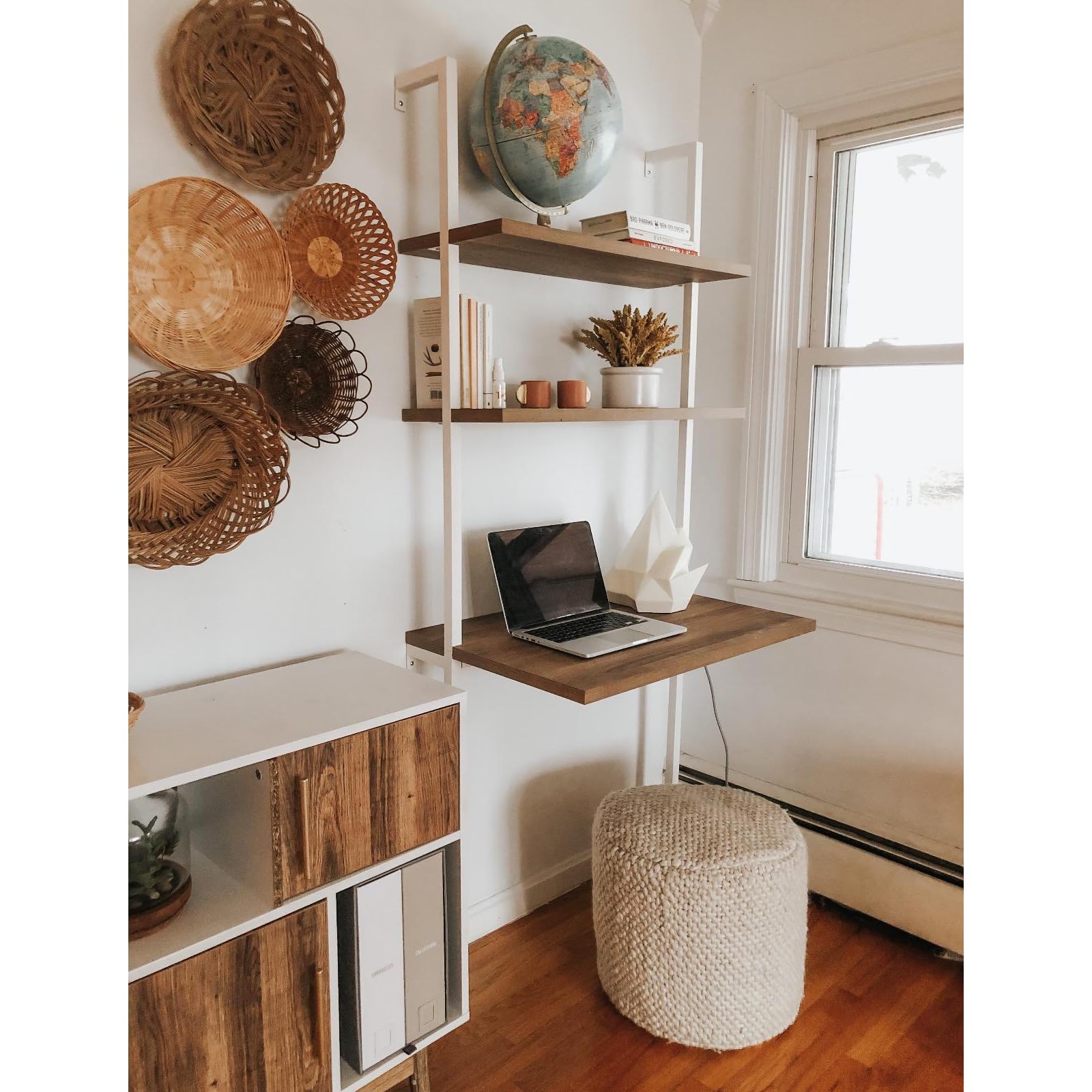 QIUTMER Wall Mount Desk 3 Tiers Wall Table Wall Mount Computer Writing Table Industrial Bookcase Desk Brown and White for Homes Office School