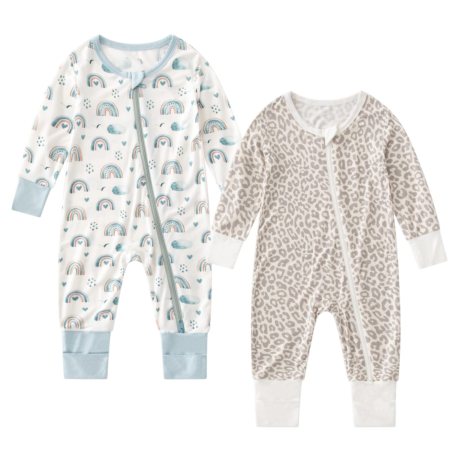 OPAWO Viscose from Bamboo Baby Pajamas Girl 2pack Mittens Cuff 2 Way Zipper Soft Footless Sleeper Baby Boy One-Piece Romper