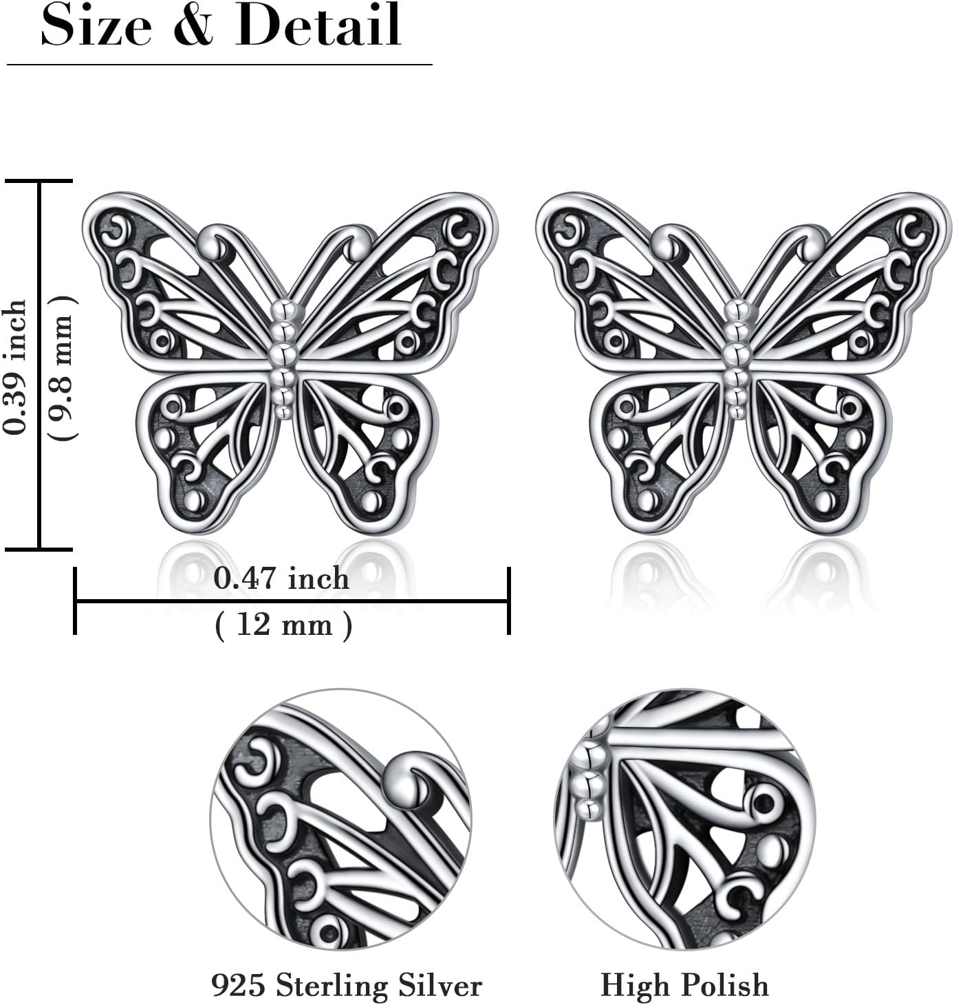 Butterfly Stud Earrings for Women 925 Sterling Silver Black Oxidized Hollow Elegant Jewelry Gift - Image 4