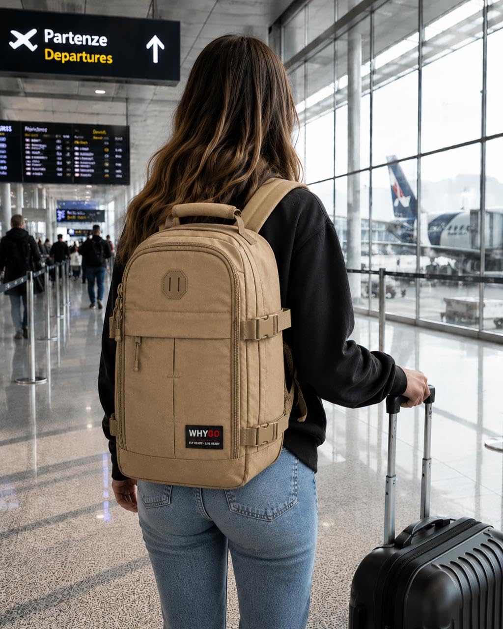 WHYGO Zaino da Viaggio 40x30x20 Impermeabile, Compatibile Ryanair - NERO | Capacità di 24 litri, Retro Traspirante - Apertura 180º con 2 Sacchetti Sottovuoto Inclusi - Ideale per Weekend e Trasferte