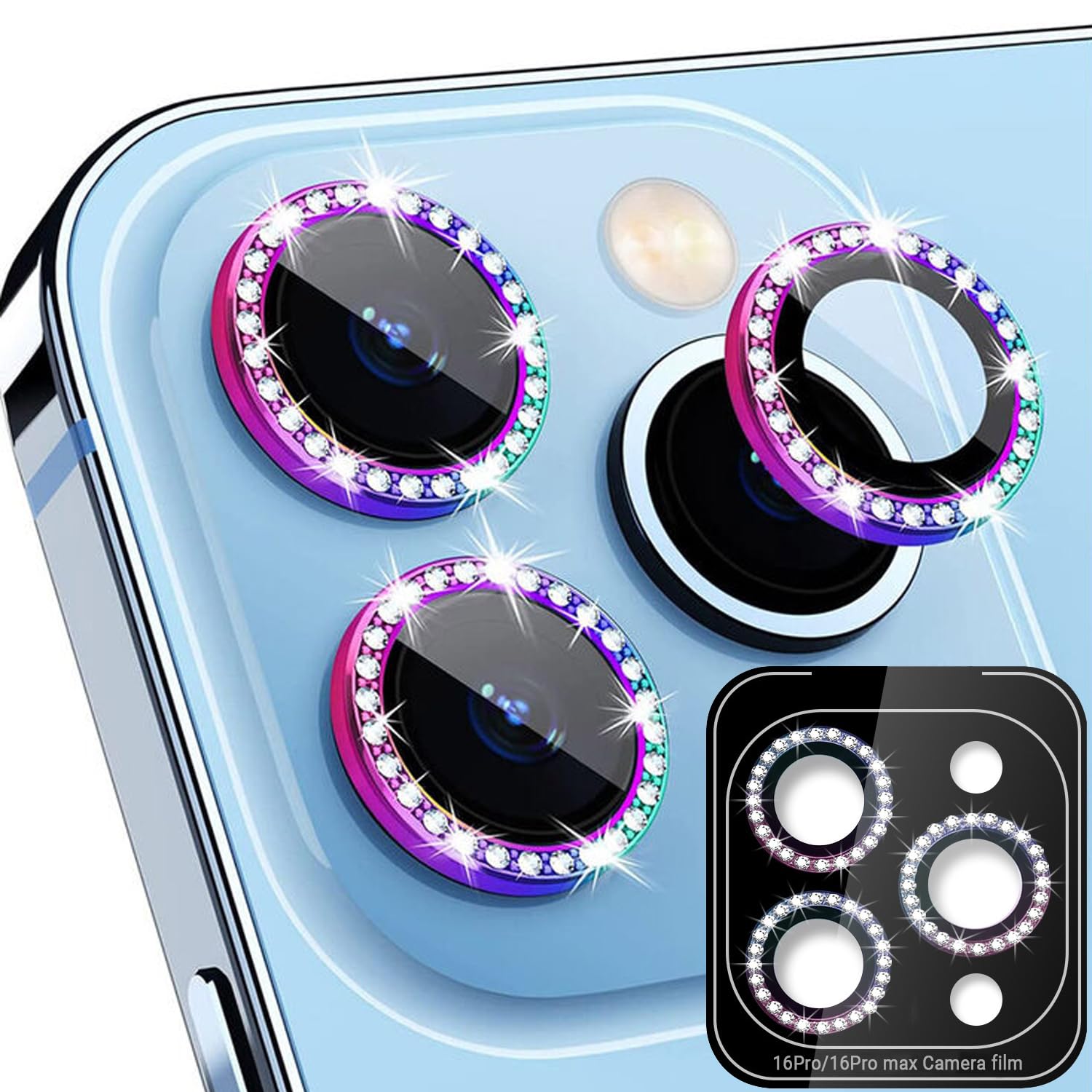 2 Pack Camera Lens Protector for iPhone 16 Pro Max,[1 Step Installation Tray] Individual Metal Ring Bling Diamond Cover with 9H Tempered Glass Camera Protector (Diamond-Colorful, 16 Pro/16 Pro Max)