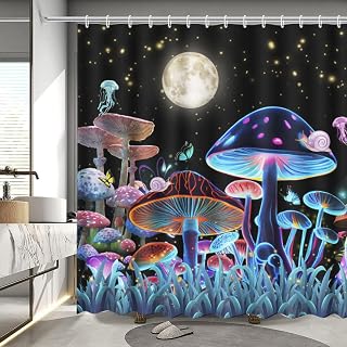 MEHOFOND Mushroom Botanical Forest Shower Curtain Moon Stars Bath Curtain | 100% Polyester Waterproof Fabric Shower Curtain, 12 Hooks 72x72 Inch, for Bathroom, Dorm, for Kids Adults, Washable
