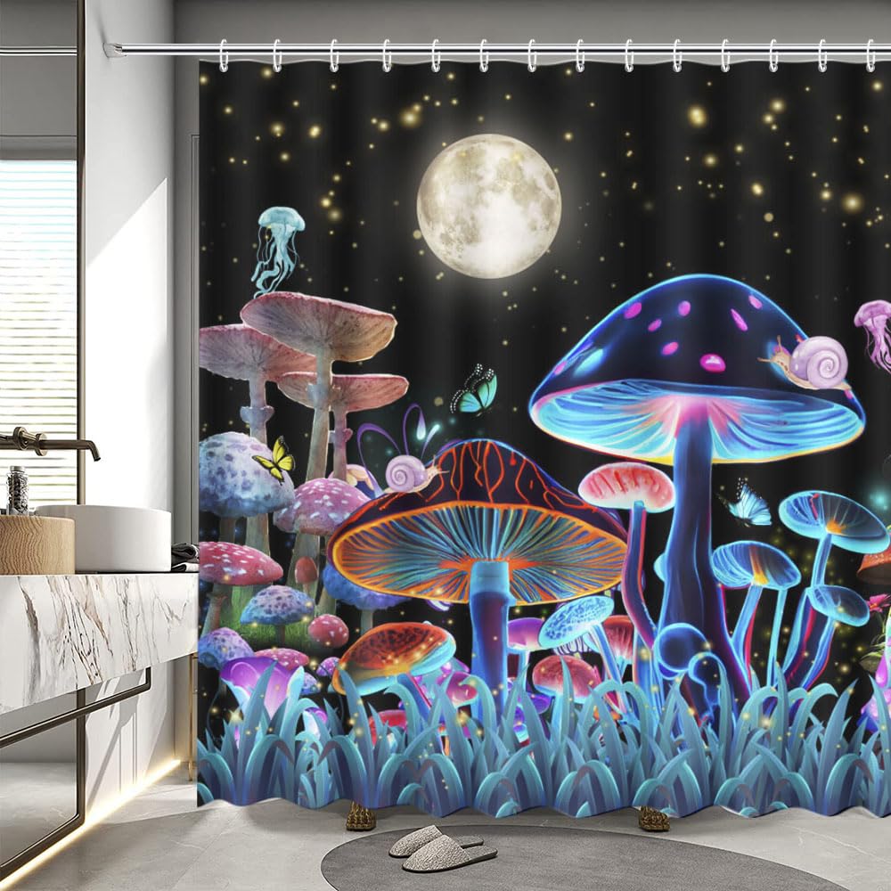 Rideau de douche champignon pour une ambiance de forêt mystique sous la lune