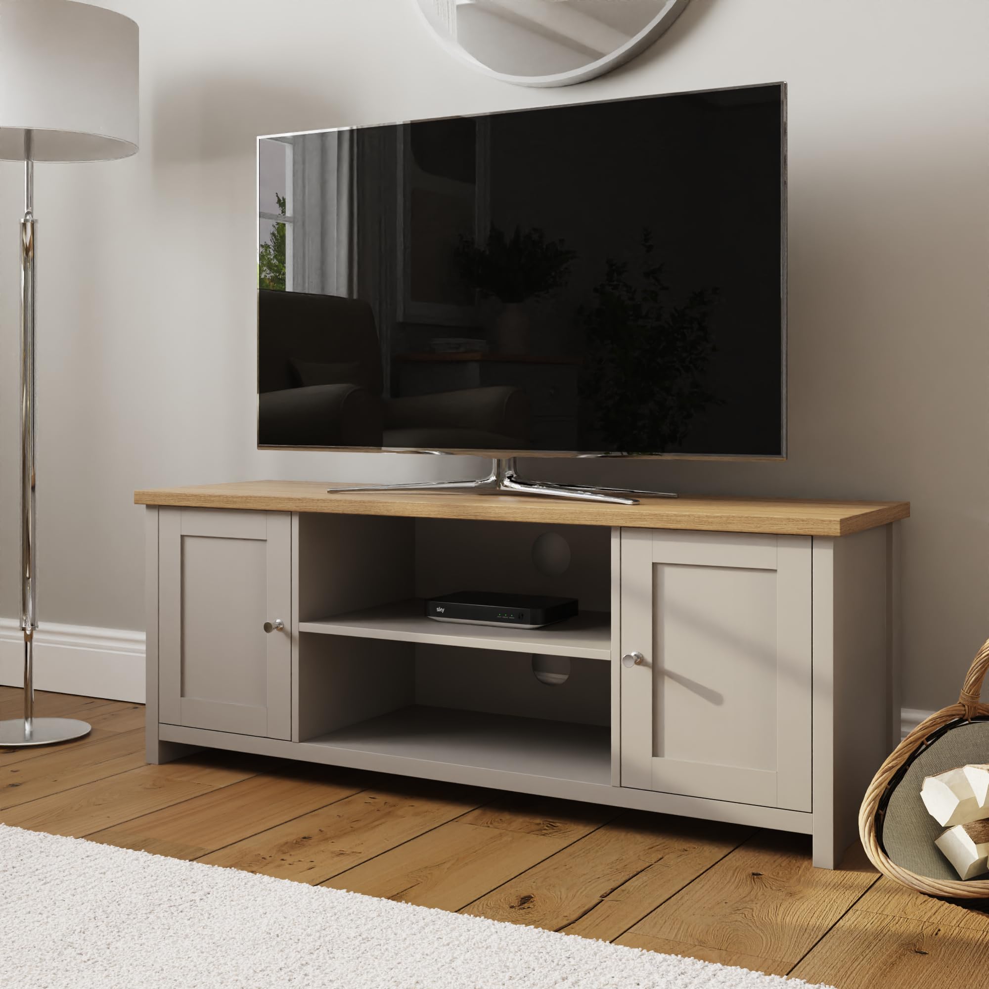 GFW Large Lancaster TV Cabinet Unit With Storage Shelves & Cupboard. Grey Living Room TV Stand With Oak Top. Wood Sideboard Media Stands. Grey & Oak Sideboard TV Unit With Rear Cable Entry (Grey)
