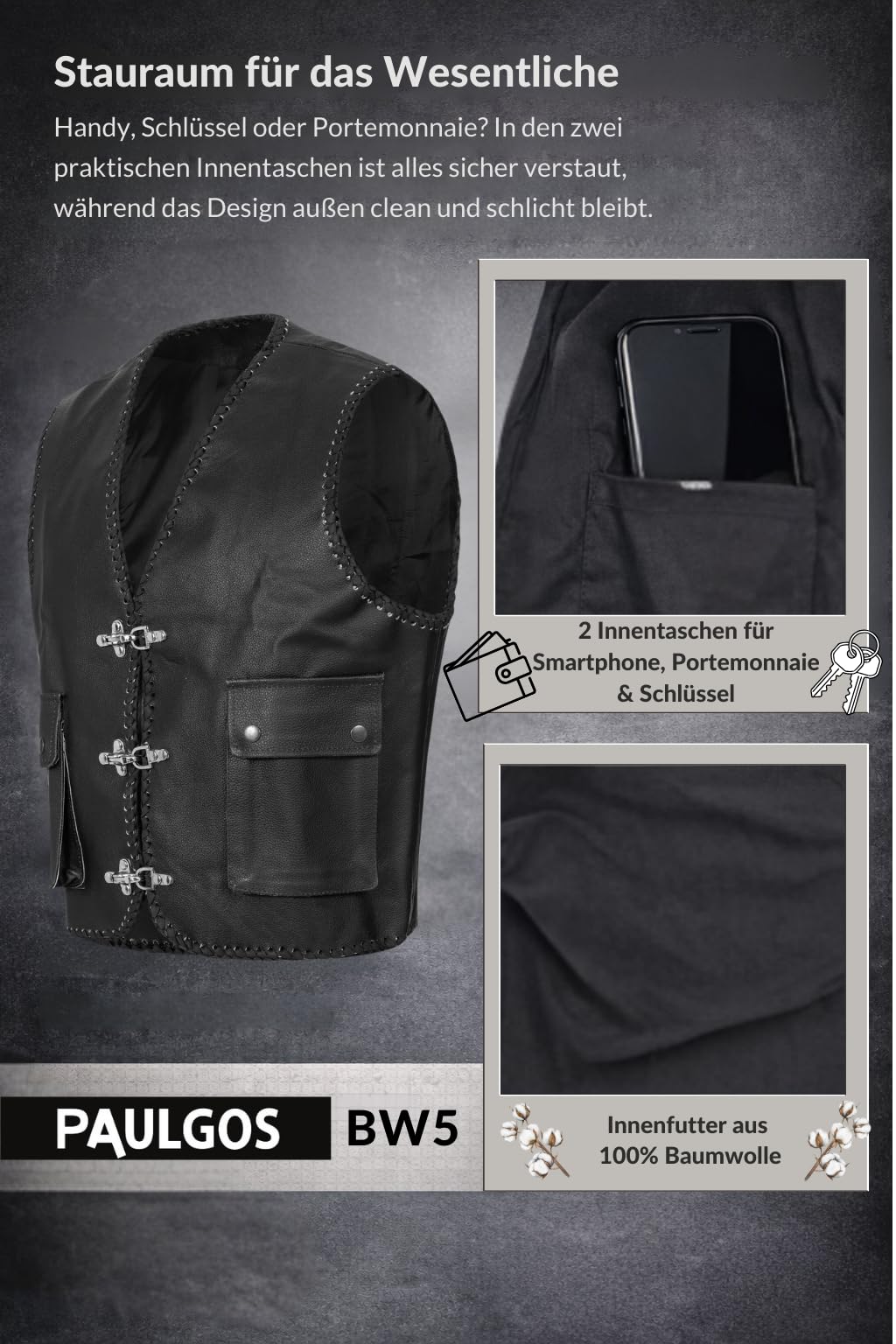 PAULGOS Lederweste Weste Kutte Leder Biker Rocker Motorrad Clubweste Bikerweste Motorradweste Schwarz BW5