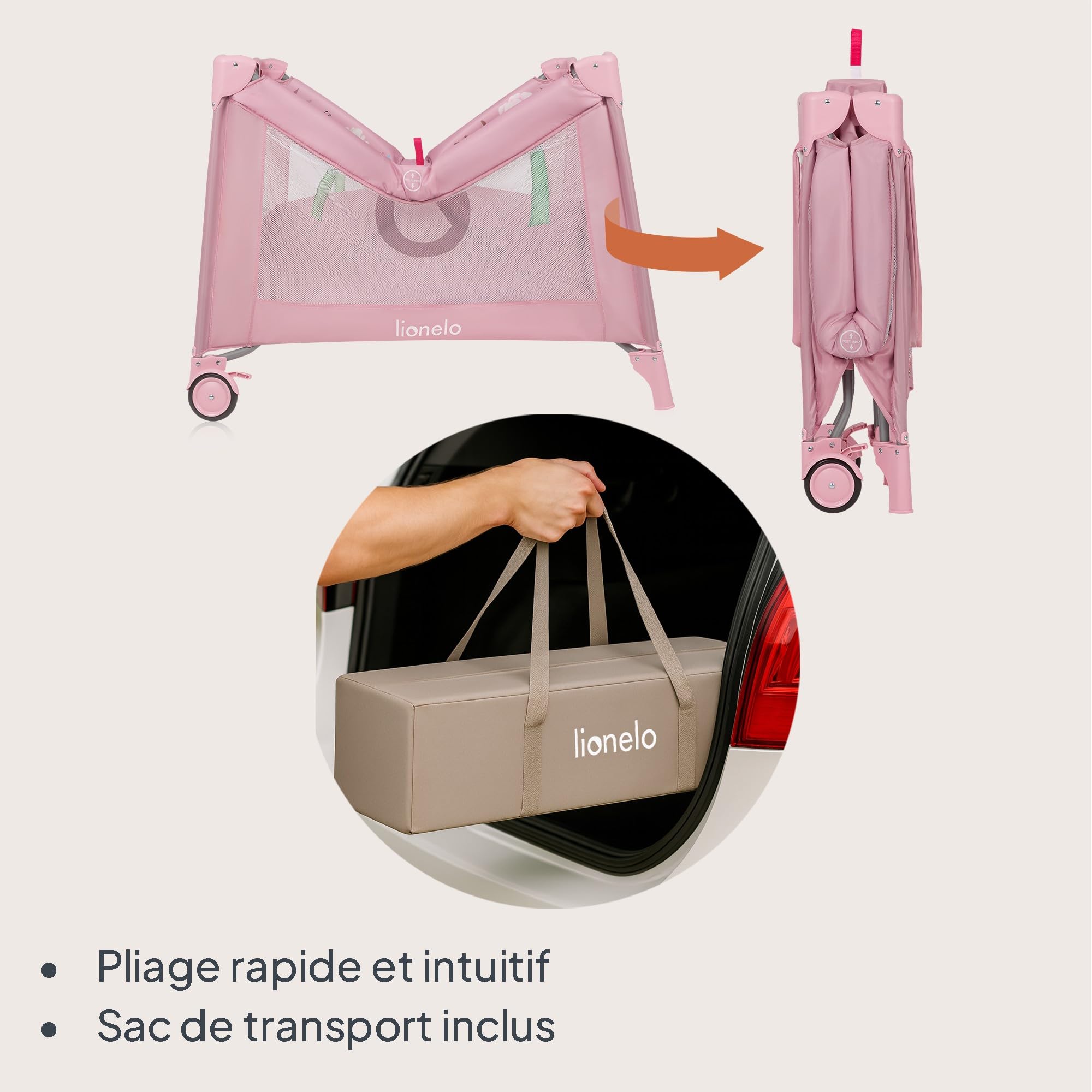 LIONELO MILLE PLUS Parc pour bébés 2-en-1 et jusqu’à 15 kg, de 0 à 36 mois, Entrée latérale, Matelas 3D, 2 roues avec frein, Pliable, Sac de transport inclus