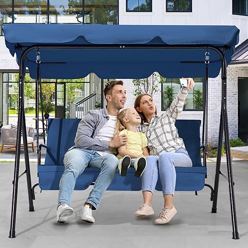 Miniatura 6 de Columpio de patio de 2 asientos, columpio al aire libre con cojines extraíbles, toldo ajustable para patio trasero, porche, jardín, asiento de tela,