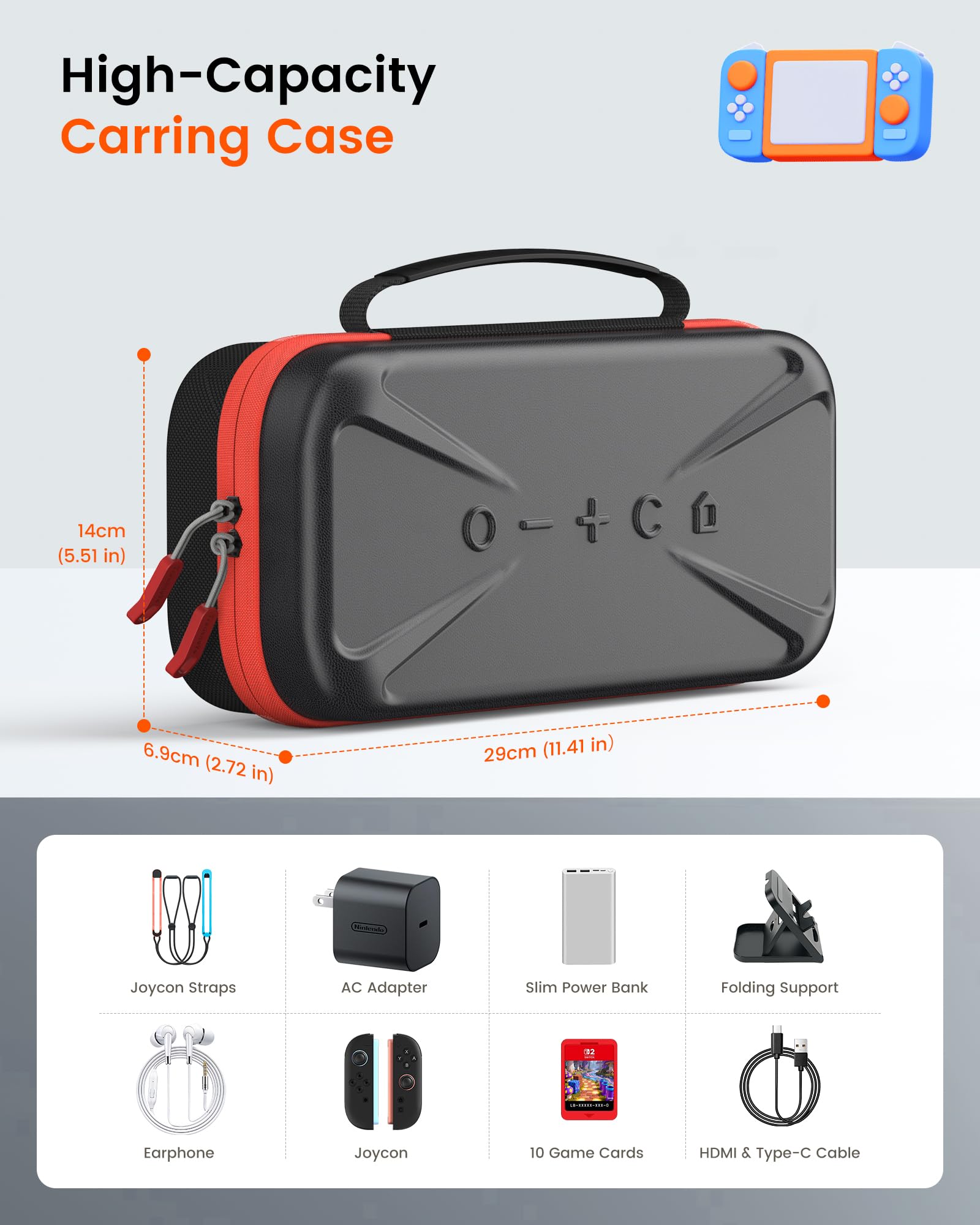 TRANSNOVO Large Capacity Carrying Case Compatible with Nintendo Switch 2 Console & Charger, [Plus Version] Shockproof Waterproof Hard Shell Protective Pouch Portable Travel Case for Accessories, Black — view 2
