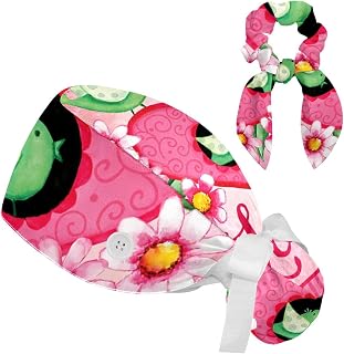 FVQL 2 Pieces Surgical Cap for Long Hair Scrub Cap with Hairband Nurse Cap, Bird Animal and Valentines Day Love Heart
