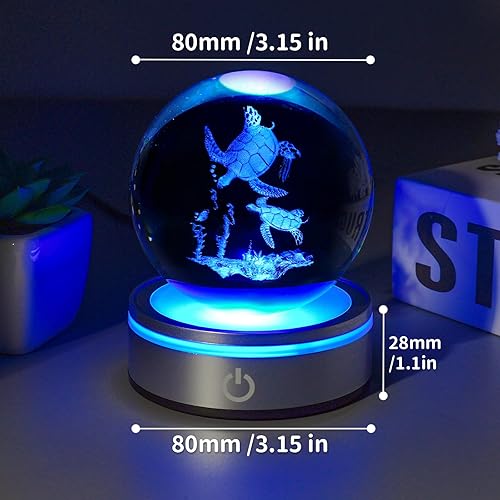 Miniatura 5 de Luz nocturna de bola de cristal de tortuga marina 3D con iluminación LED colorida base táctil de 3.15 pulgadas, lámpara de esfera de cristal de