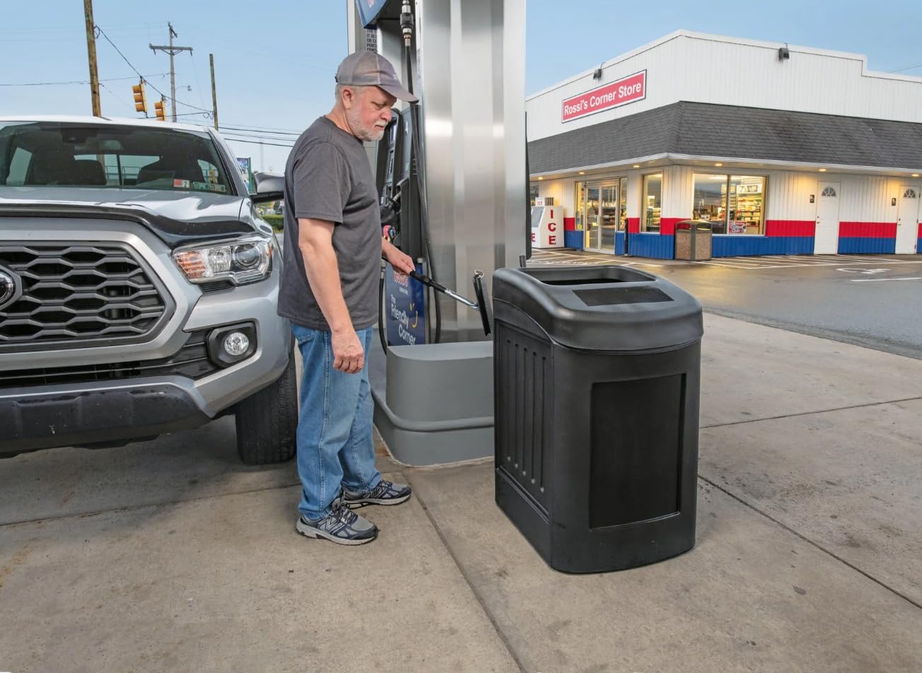 Rhino 38 Gallon Commercial Waste and Windshield Service Center Single Waste Bin with Paper Towel Dispenser and 3 Gal Bucket - For Gas Stations, Grocery Stores, Convenience Stores - Black