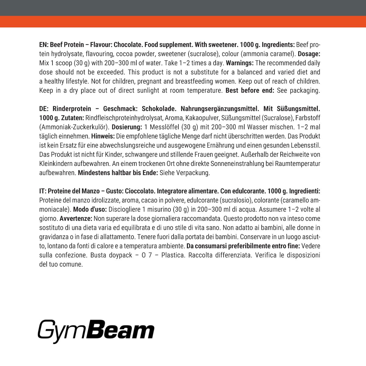 GymBeam Proteine del Manzo – Proteine in Polvere Idrolizzate con Oltre il 90% – Senza Lattosio, Basso Contenuto di Grassi e Zuccheri – Ideali come Post-Workout (1000 g, Cioccolato)