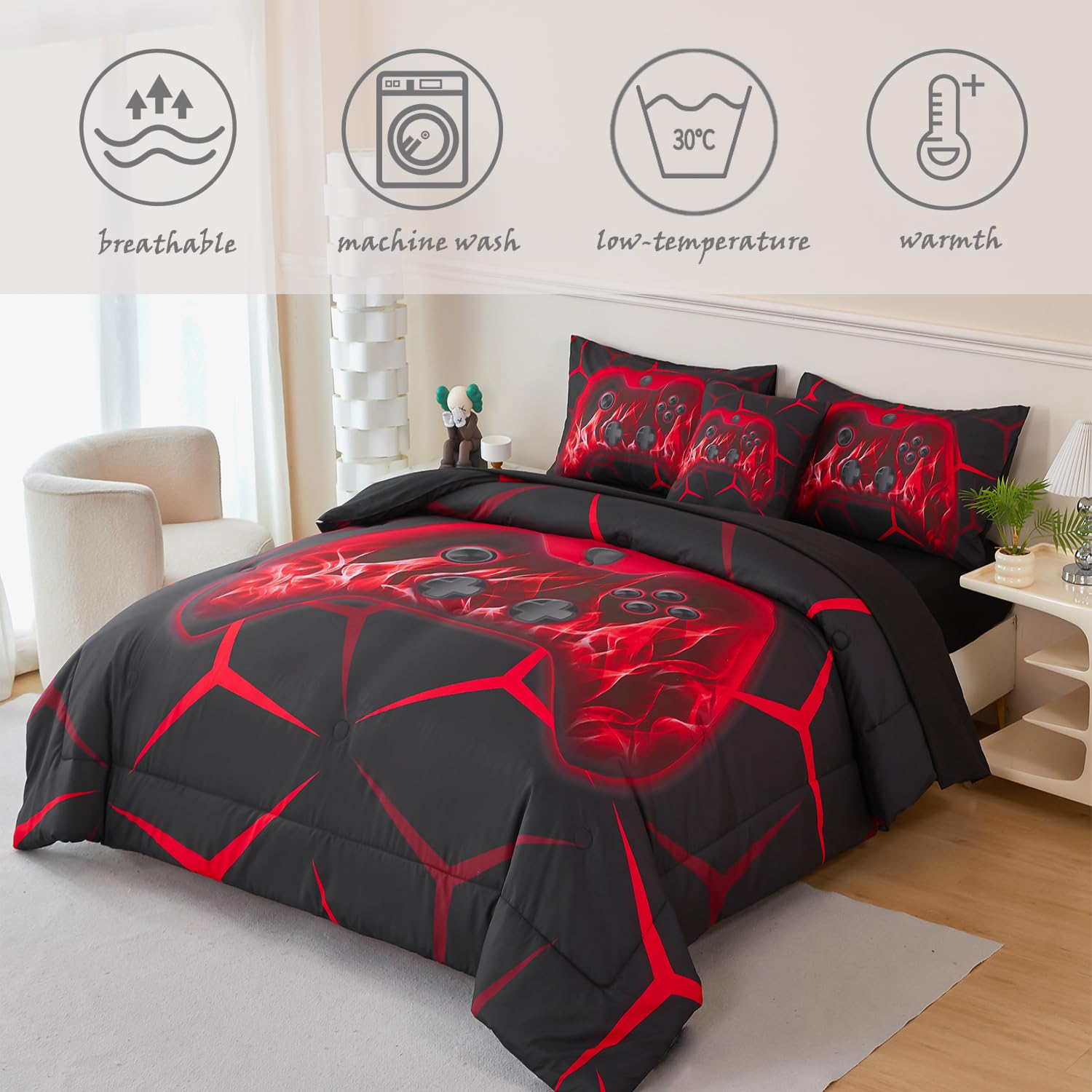 ZRNBAST 6 Pcs Twin Comforter Set for Boys Gamer Bedding Sets for Teens Kids Microfiber Game Console Comforter Set Red Flame Geometric Gaming Bed in a Bag with Sheets (Red,Twin)