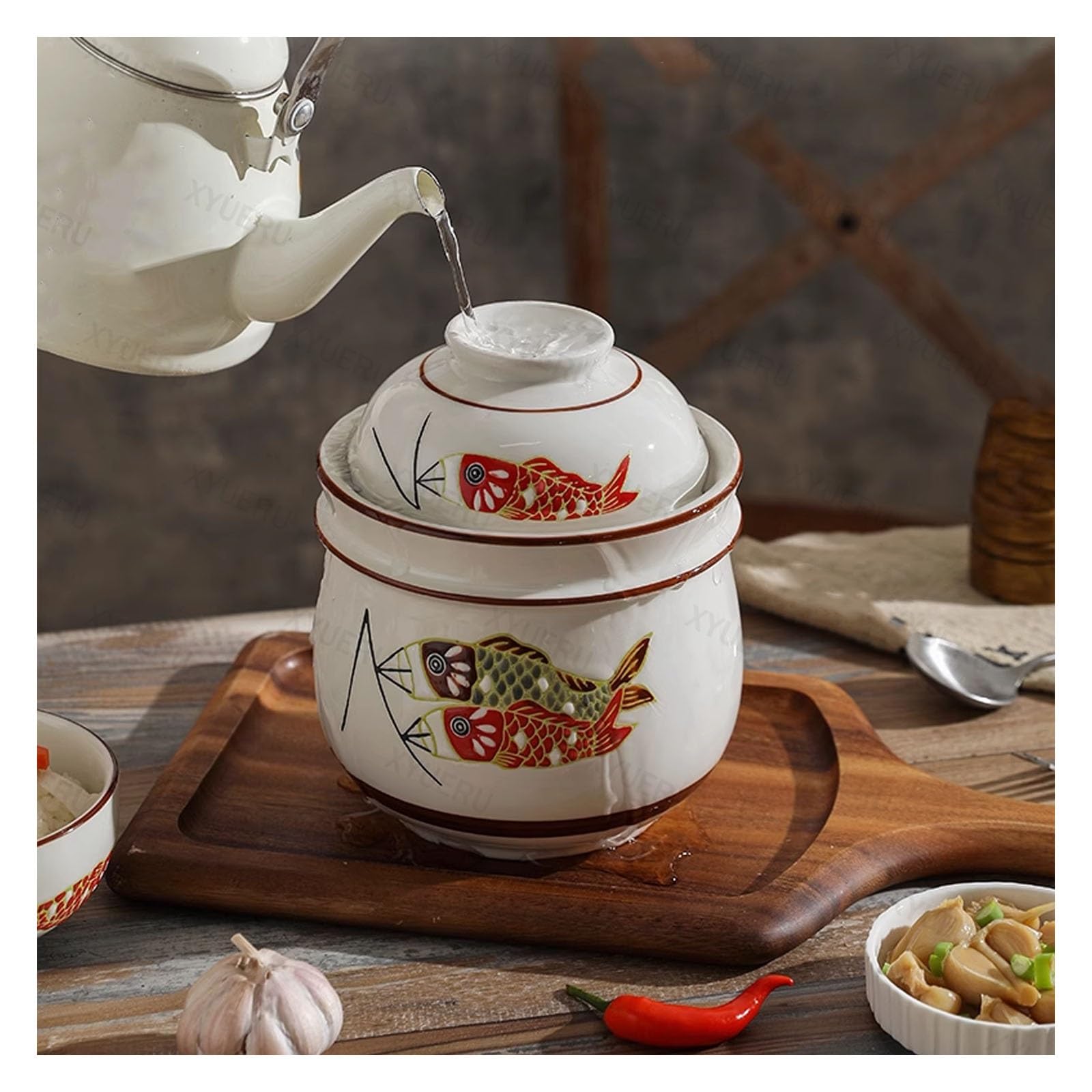 Chinesisches Gärgefäß aus Keramik mit Gärdeckeln, Steingut-Einmachglas | Einmachglas mit breiter Öffnung for Sauerkraut, Kimchi und Essiggurken(2000ml)