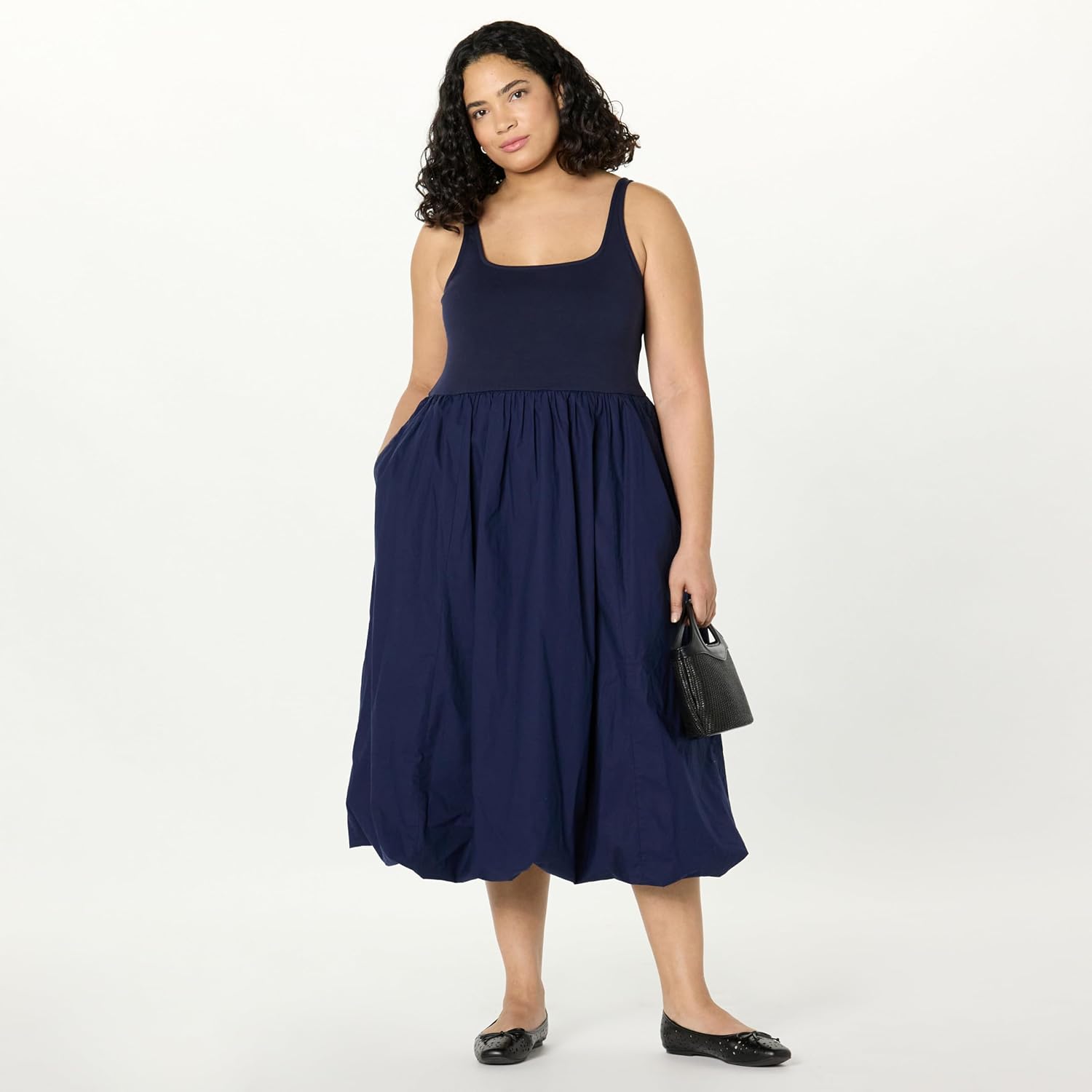 The Drop Womens Tina Scoop Neck Mixed Media Bubble Hem Midi Dress