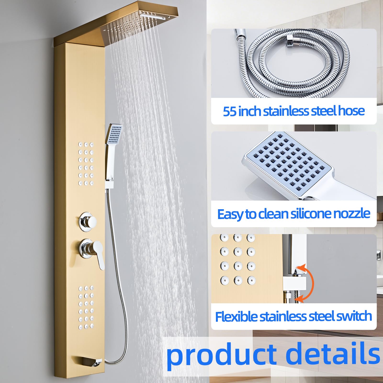 Luxury Shower Panel Tower - 5-in-1 Rainfall & Massage -5