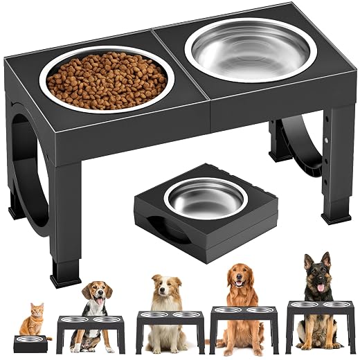 XIAZ Elevated Dog Bowls Large Breed Raised Dogs Bowl Stand Large/Medium Sized Dog Stainless Steel Food Water Bowl Stands 5 Heights Adjustable 9/11/12/14in Black Pet Feeder Dish Station