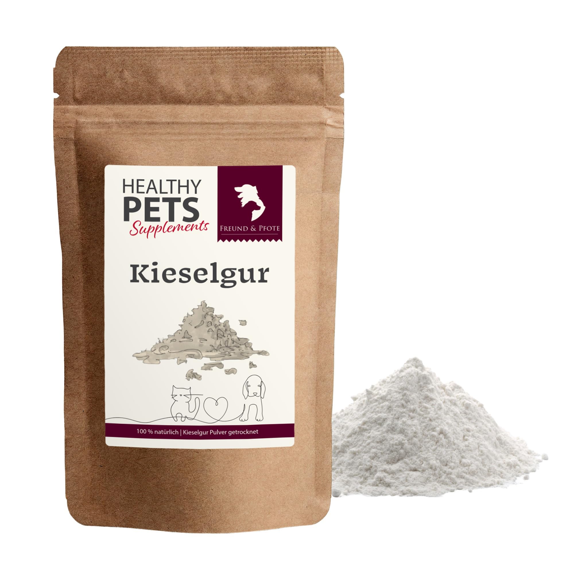 Freund & Pfote Healthy Pets Kieselgur Pulver getrocknet (E551c) Hund und Katze| fein gemahlen | Zusatzfuttermittel für Hunde und Katzen | plastikfrei verpackt (1000 Gramm)