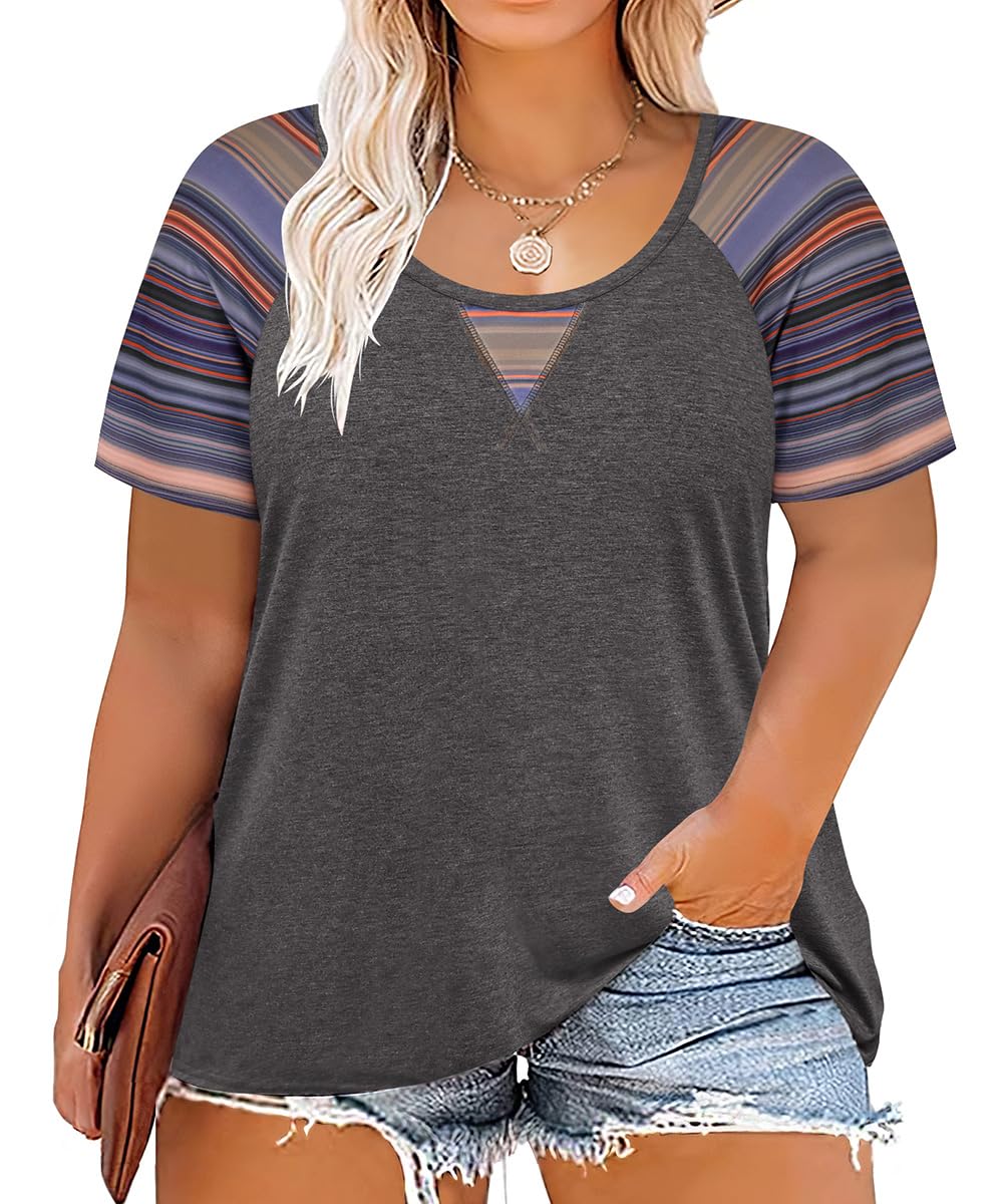 CARCOS Plus Size Tops for Women Short Sleeve Shirt Summer Star/Leopard/Tie Dye/Flower Crewneck Pullover Tunic XL-5XL