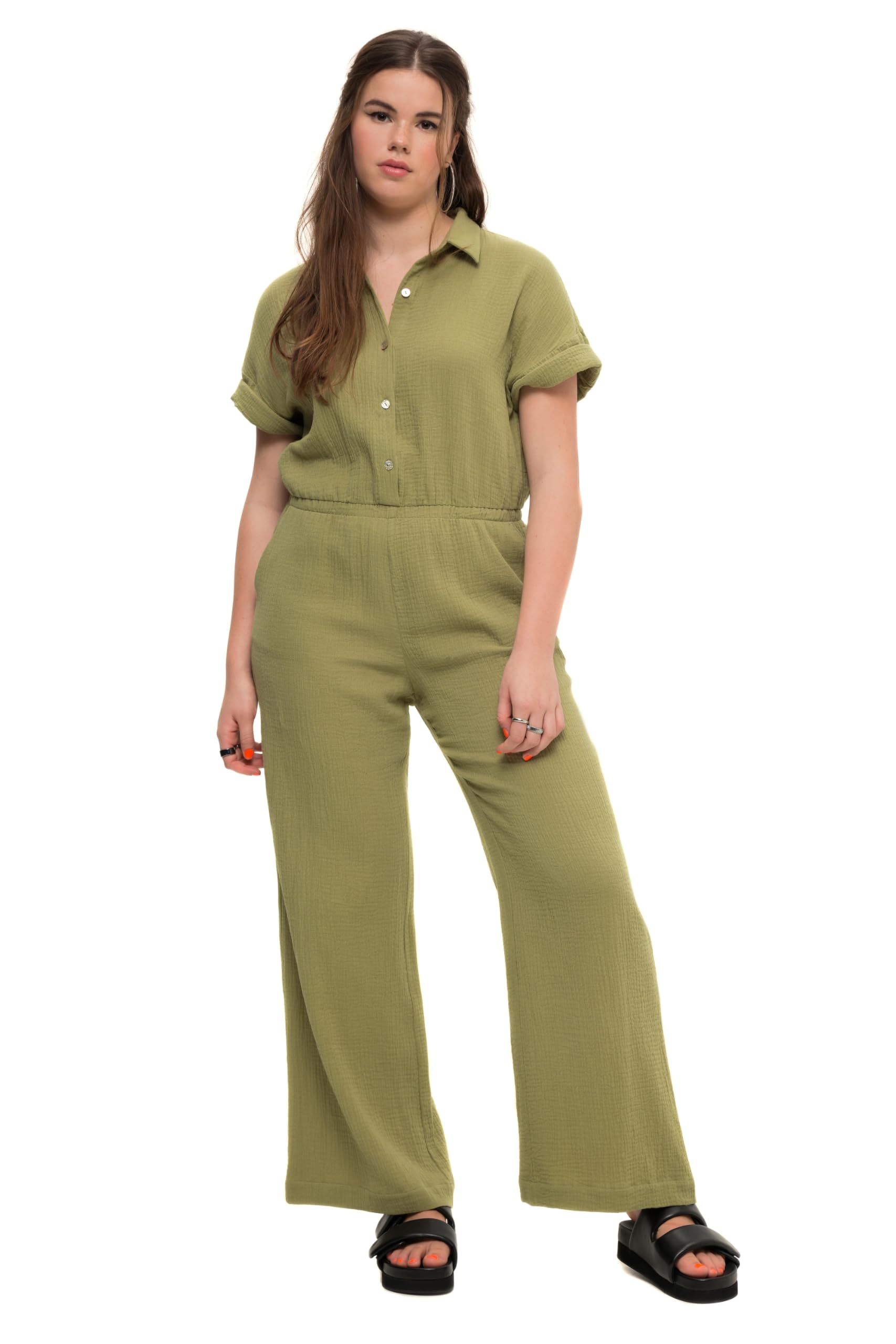 Studio Untold Damen große Größen Übergrößen Plus Size Jumpsuit, Musselin, elastische Taille, Halbarm, weites Bein 830007