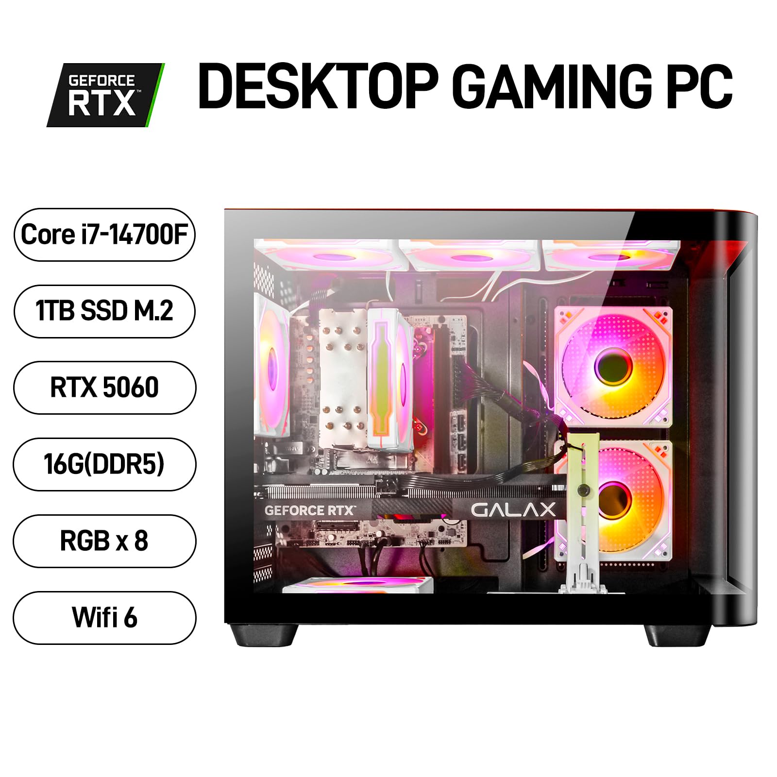 LXZ Gaming Desktop Core i7-14700F, RTX 5060 8G, 16G DDR5 RAM, 1TB NVME 3.0 SSD, Prebuilt Gaming PC, VR Ready Tower Computer for Home and Office - 4