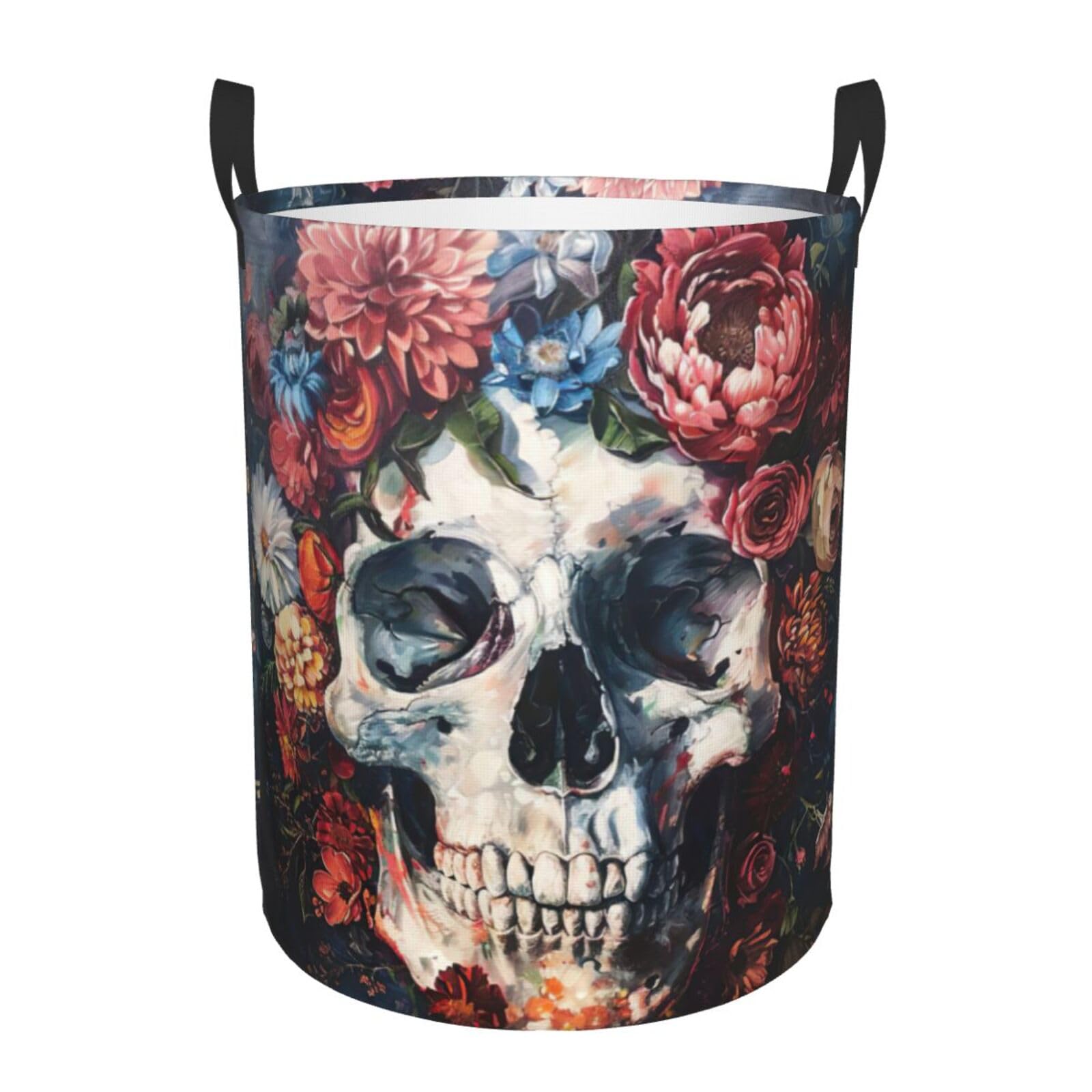 M Collapsible Laundry Hamper Round Floral Skull Print Storage
