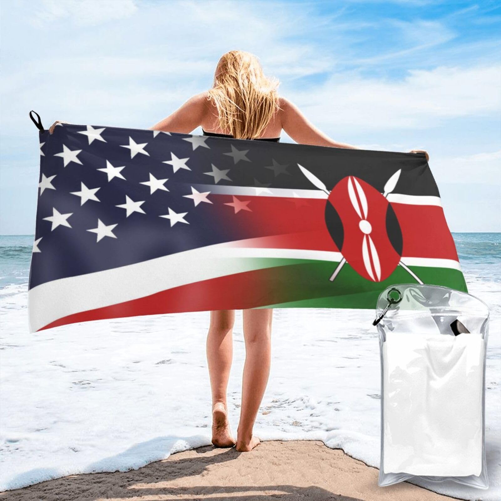 HACXZ Funny America Flag and Kenyan Flag Absorbent Beach Towel Microfiber Beach Shower Towel 31.5"X63"