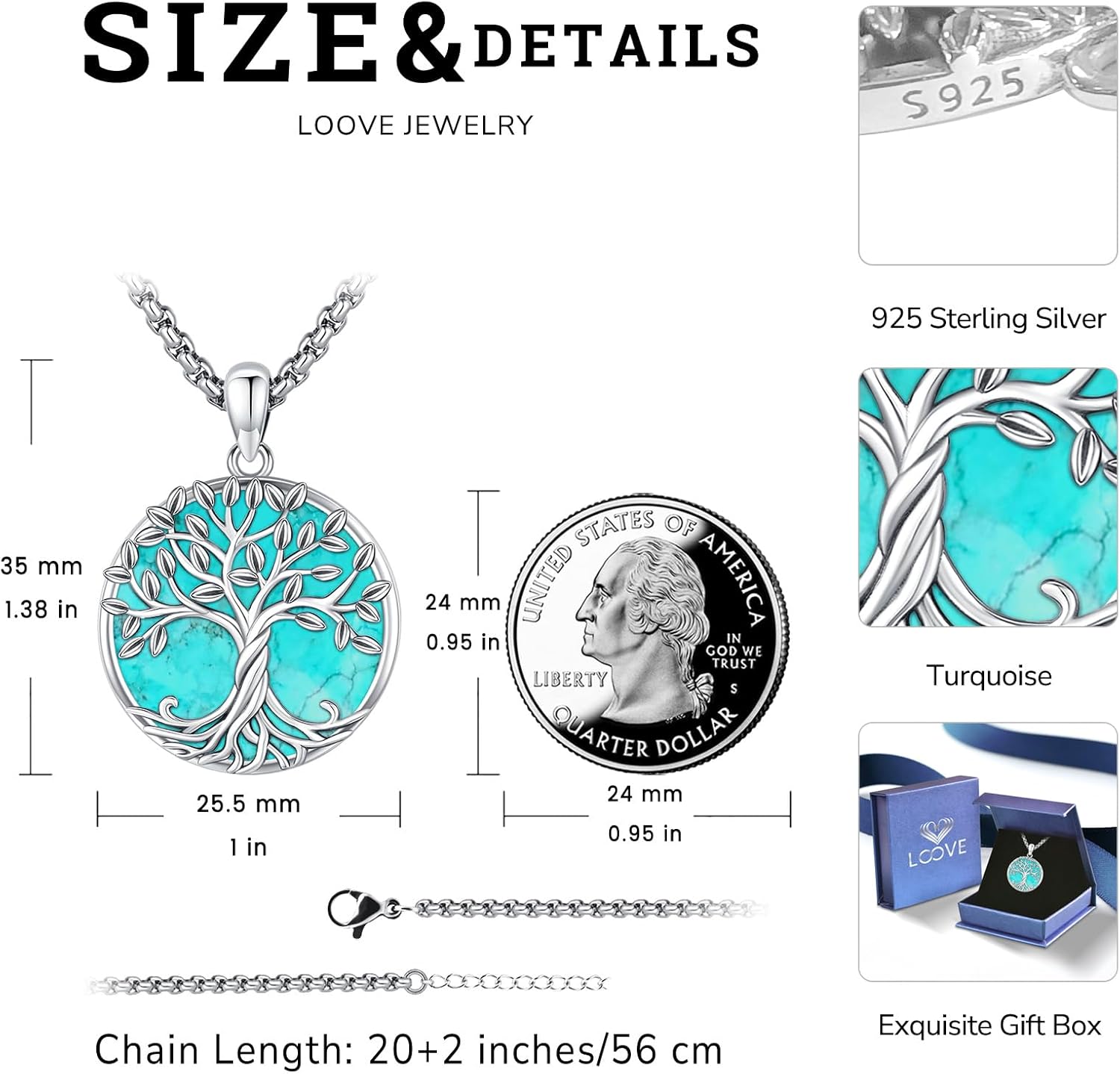 Tree of Life Necklace for Women Sterling Silver Celtic Moon Tree Moonstone Turquoise Pendant Heart Family Tree Necklace for Mother Daughter Sister Gifts - Image 3