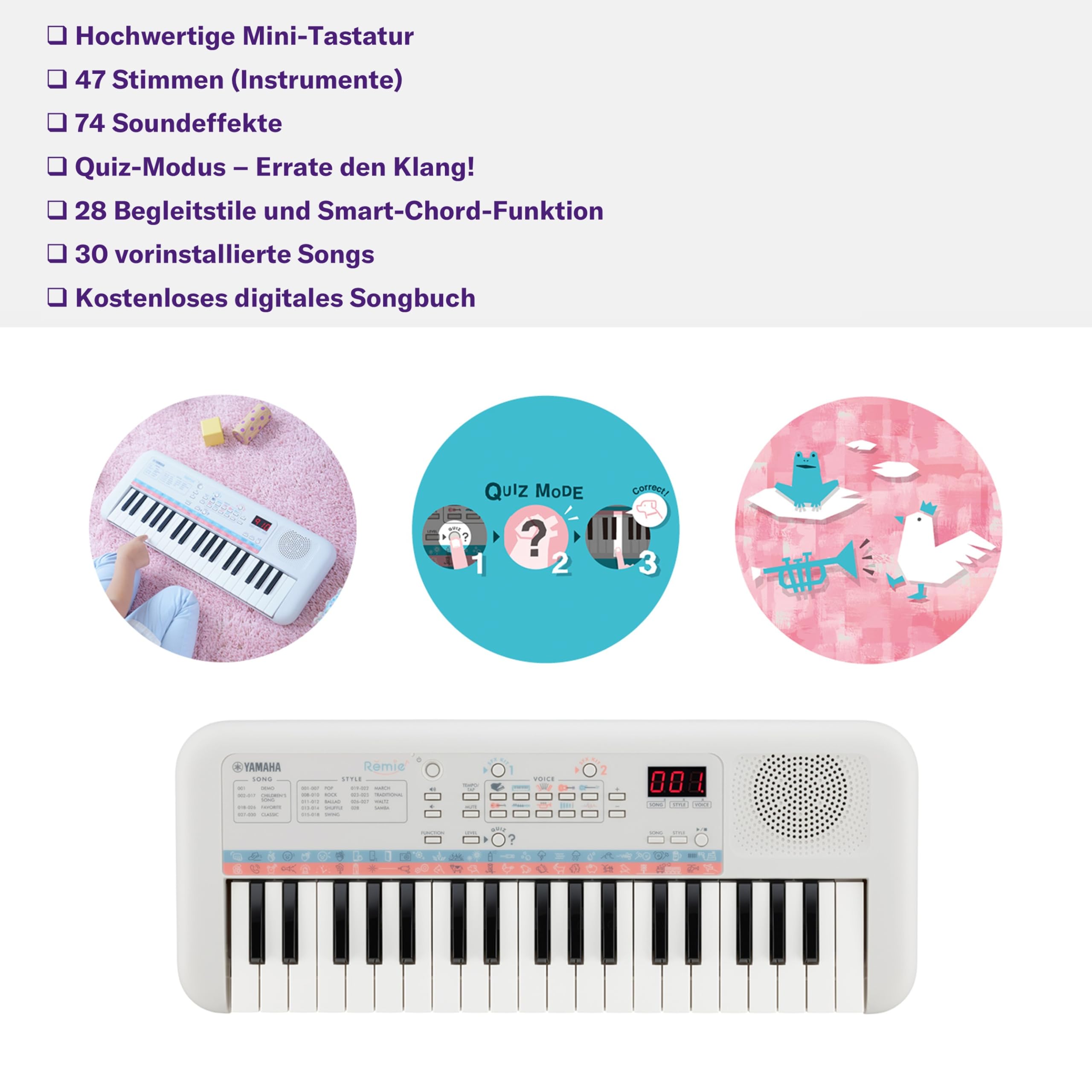 Yamaha Remie PSS-E30 Mini Keyboard, weiß – Kompaktes, tragbares Keyboard für Kinder mit Mini-Tastatur und tollem Klang – Mit Mini-Kopfhöreranschluss