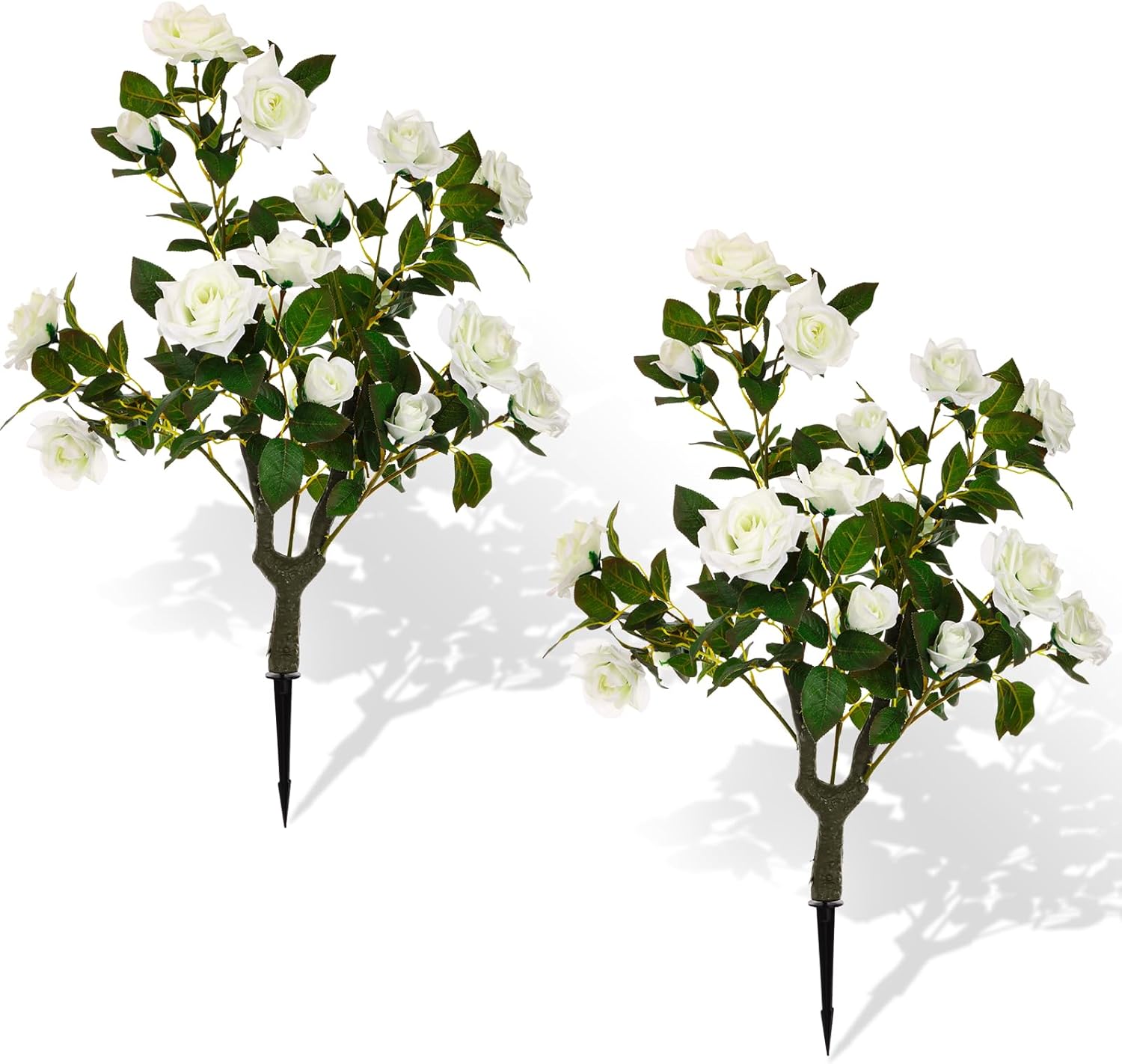 2 Pcs 32'' Artificial Rose Flower Tree Faux Rose Bush Outdoor Plants, Realistic UV Resistance Fake Floral Blooming Tree with Spike Greenery for Indoor Garden Patio Front Porch Decor(White)