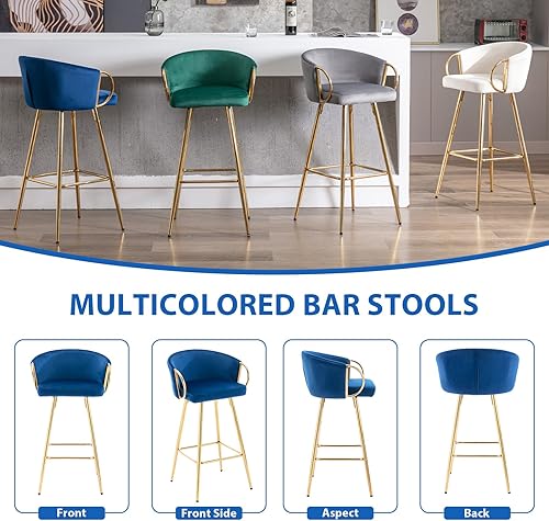 Miniatura 7 de Juego de taburetes de bar de 2,30 pulgadas de altura de mostrador, silla de terciopelo con respaldo bajo con reposabrazos dorados para isla de