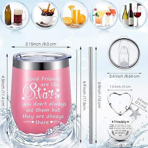 Miniatura 7 de Sliner Paquete de 6 vasos de vino de Navidad con texto en inglés "Good Friends Are Like Stars", bolsa de maquillaje de lona de amistad de 12 onzas y