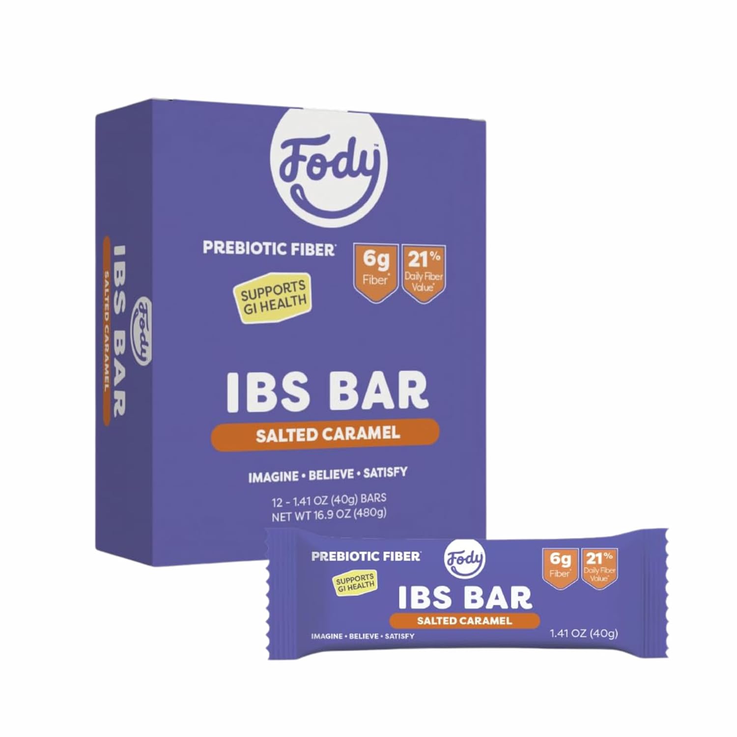 Fody Foods IBS Snack Bars, Salted Caramel, 1.41 Oz (Pack of 12), 6g Prebiotic Fiber, Low FODMAP, Gut & IBS Friendly, Lactose Free, Non-GMO, Gluten Free