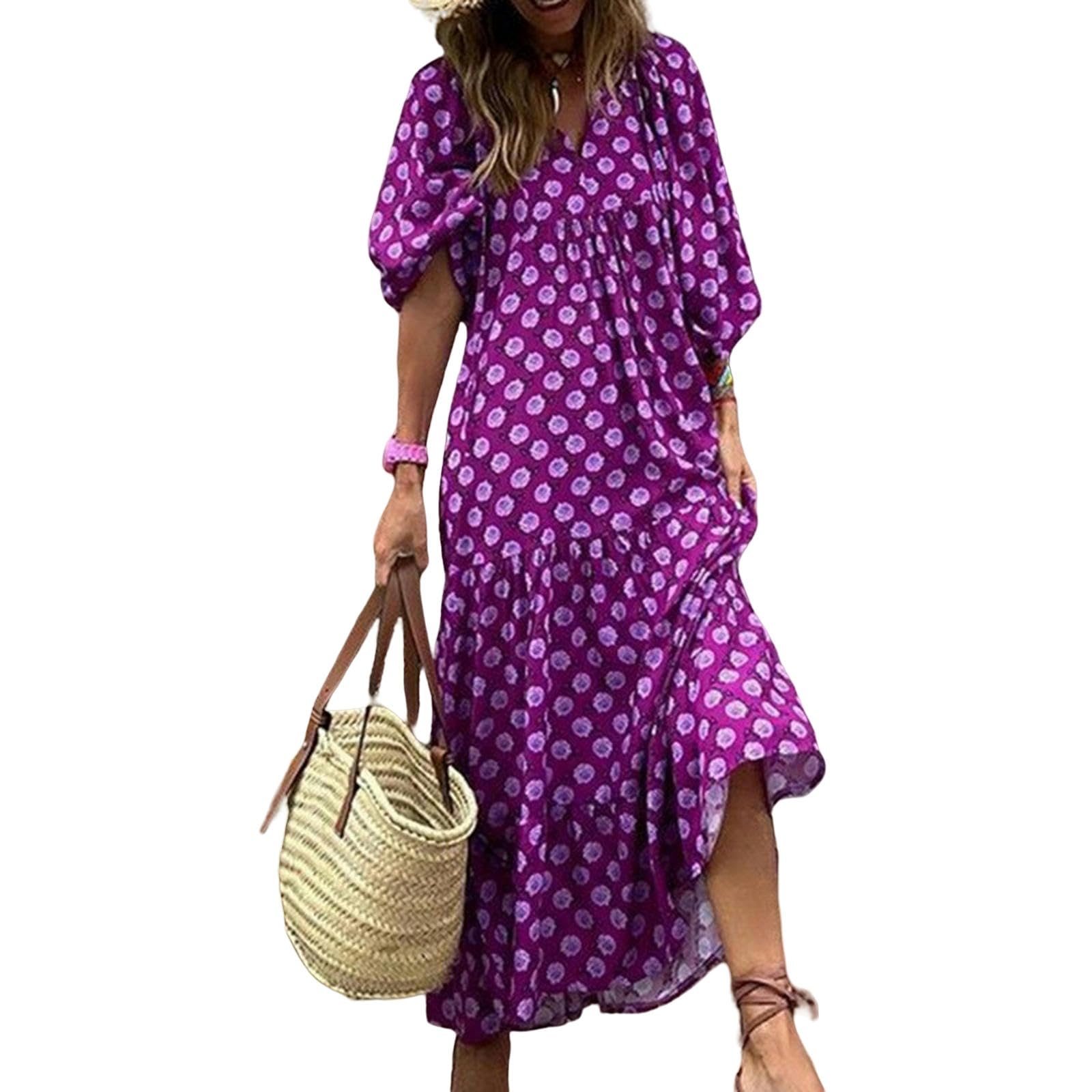 Vestidos Mujer Corte Holgado Casual Verano Cuello en V Media Manga Bohemia Patrón Geométrico Maxi Vestidos Largos YYEFNMAZ