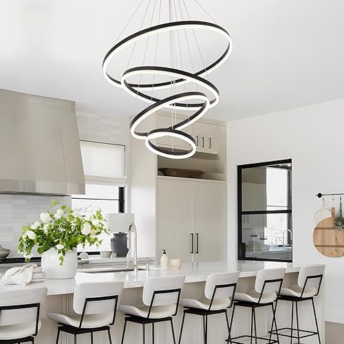 Miniatura 2 de Candelabro LED moderno, lámpara colgante de 3 anillos negra, lámpara colgante regulable y moderna para comedor, iluminación colgante LED