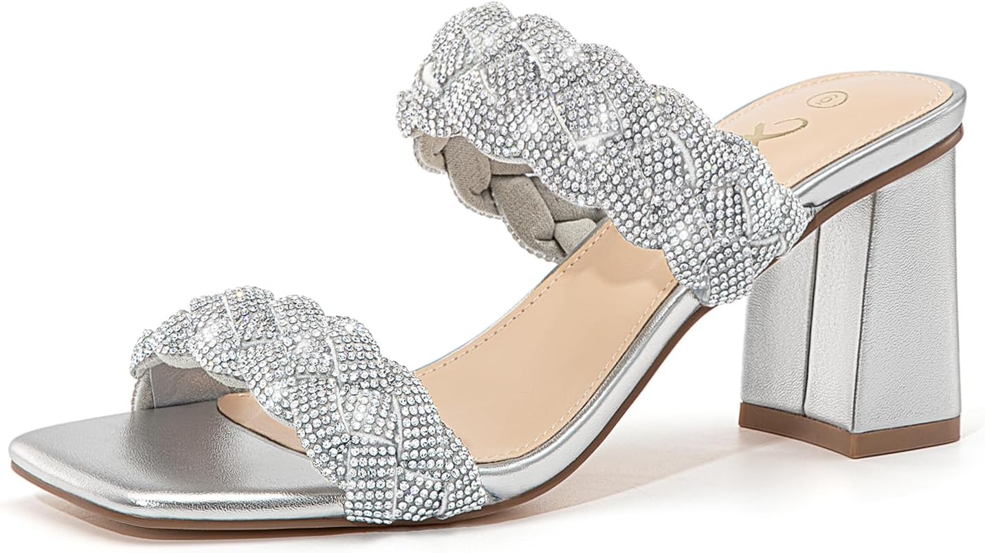 Athlefit Women's Braided Heeled Sandals Summer Square Open Toe Chunky Block Heels