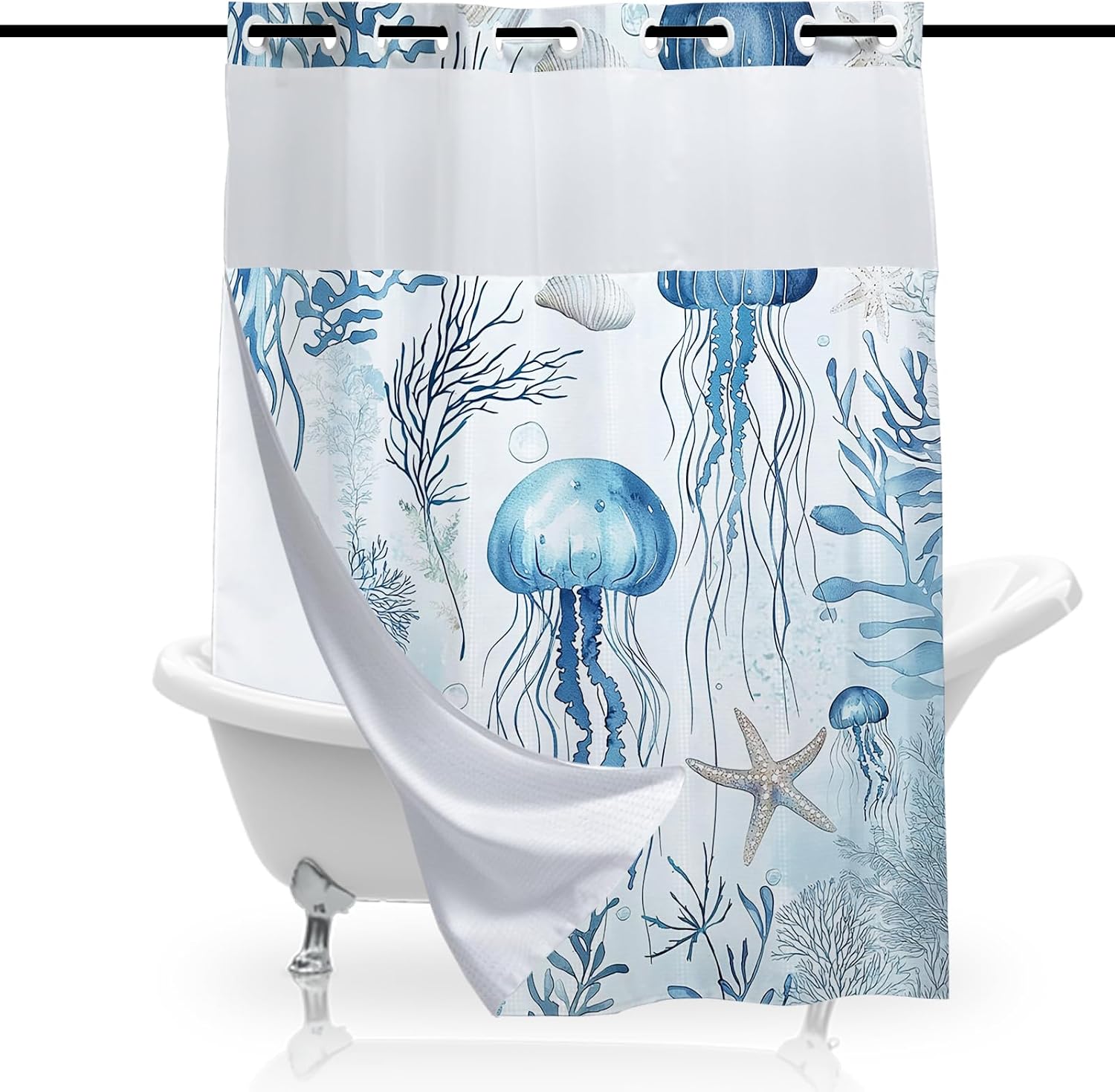 Ocean Shower Curtain for Bathroom, Waterproof Waffle Fantasy Jellyfish Cool Shower Curtain with Snap in Fabric Liner Set, Heavy Duty Bath Curtains Hotel Spa Luxury Polyester 72Wx74H No Hook