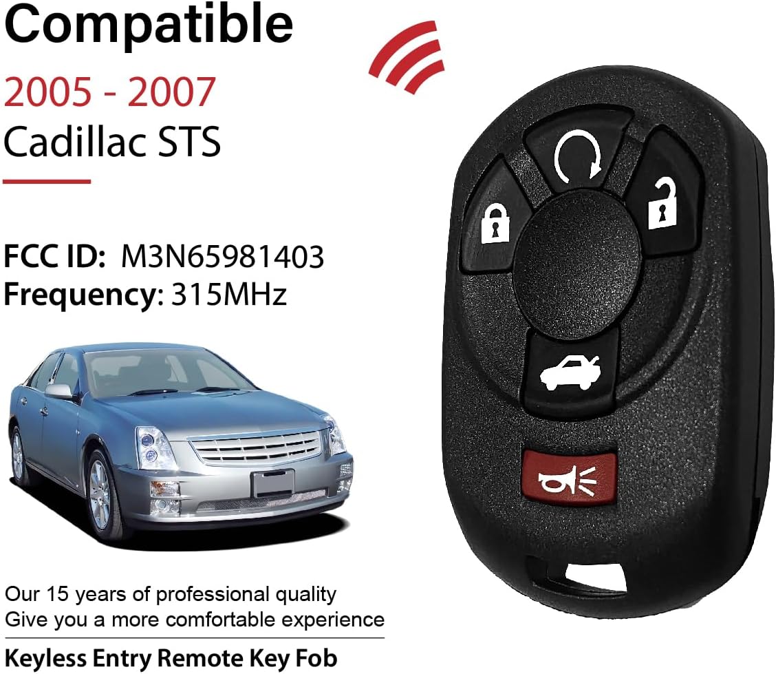 Replacement for 2005 2006 2007 Cadillac STS Key Fob Remote Control M3N65981403 5 Buttons 315MHz